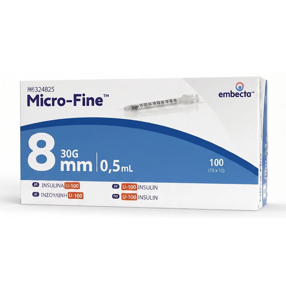 Verpackung mit 100 Embecta Micro-Fine Insulinspritzen, 0,5 ml, 30G, 8 mm.