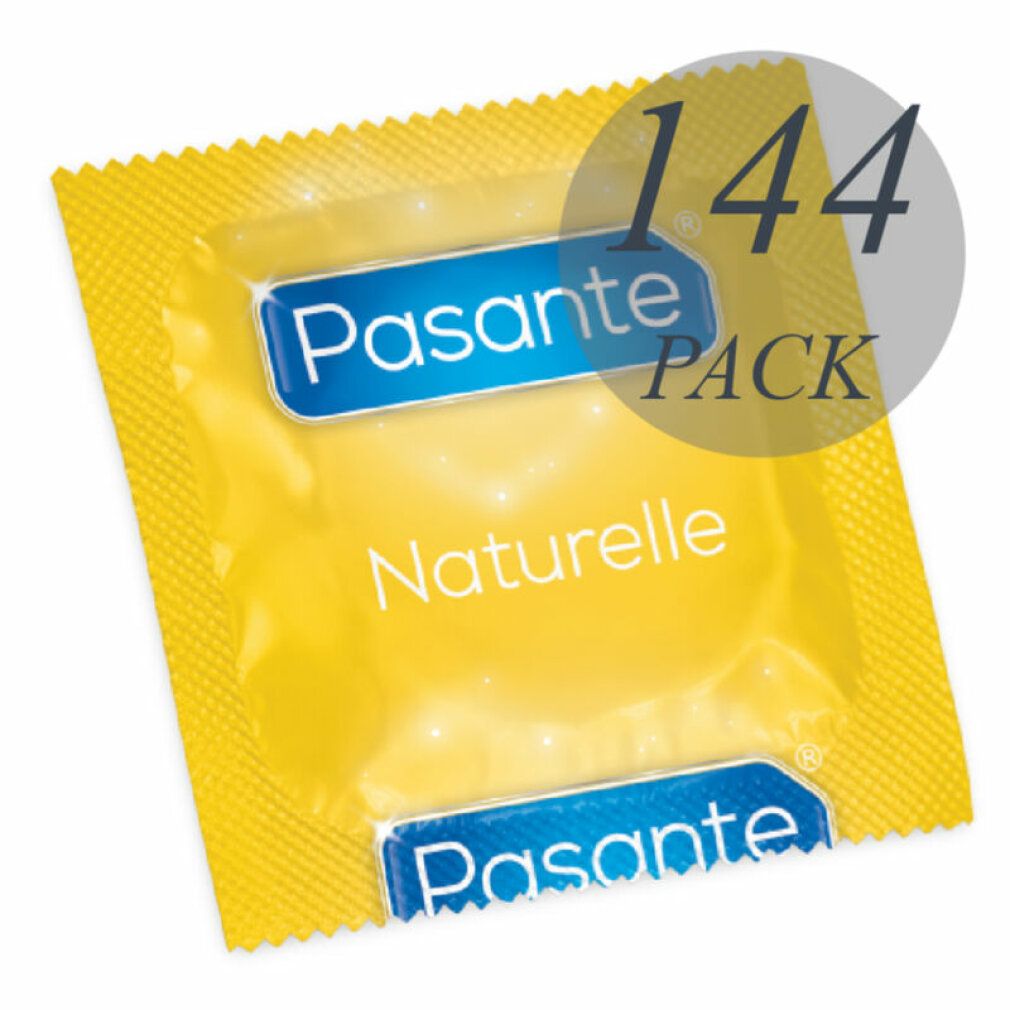 Einzelnes Kondom in gelber Verpackung. Marke Pasante Naturelle. Aufdruck '144 PACK'.