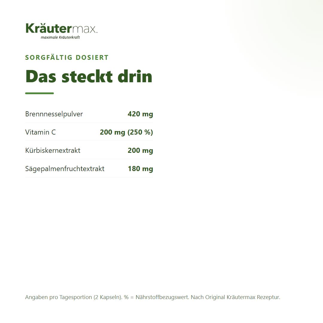 Kräutermax Sägepalme plus: Zutatenliste mit Brennnessel, Vitamin C, Kürbiskern, Sägepalme.