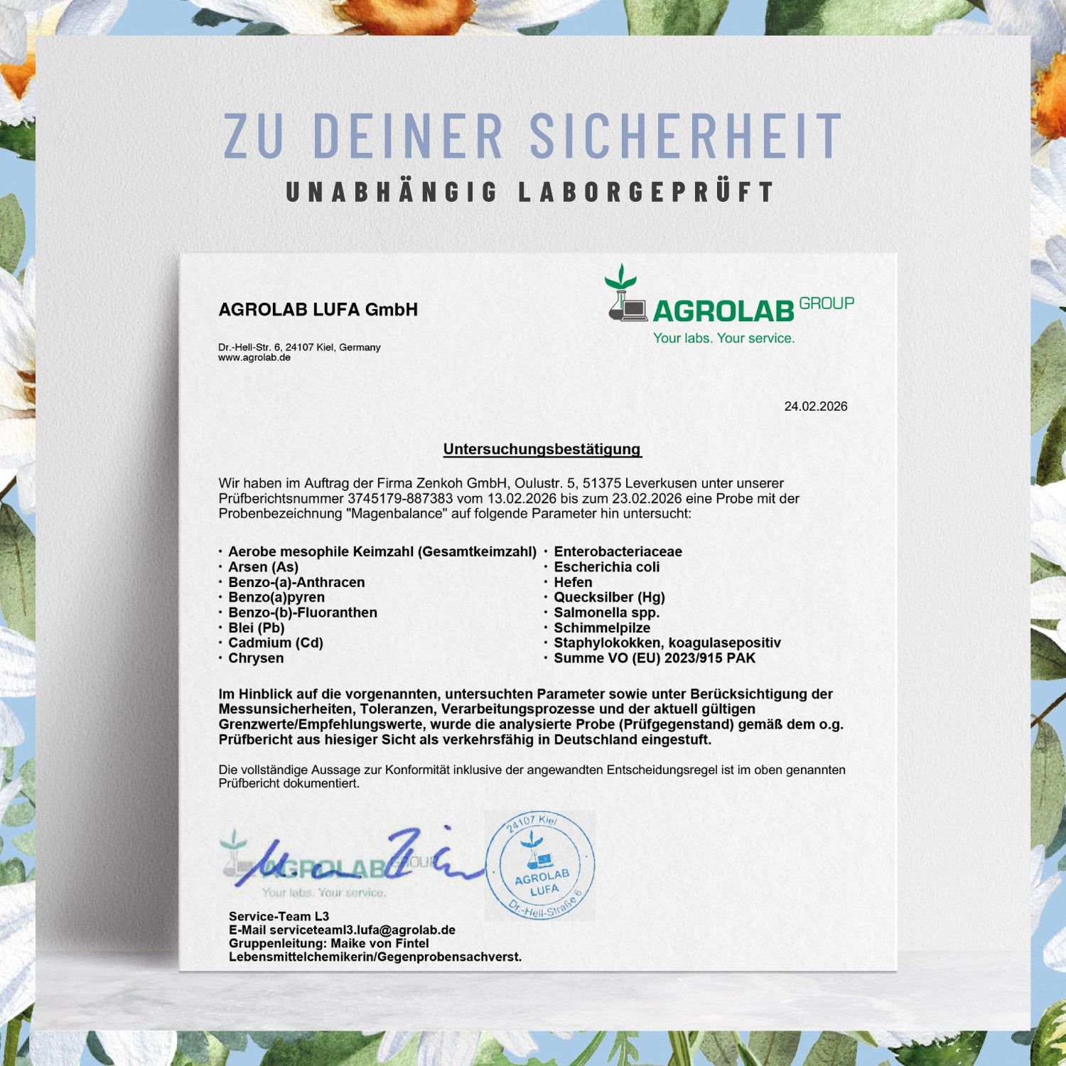Zertifikat von Agrolab LUFA GmbH. Text: Untersuchungsergebnis. Analyse von Proben des Produkts Magen Balance. Unterschrift.