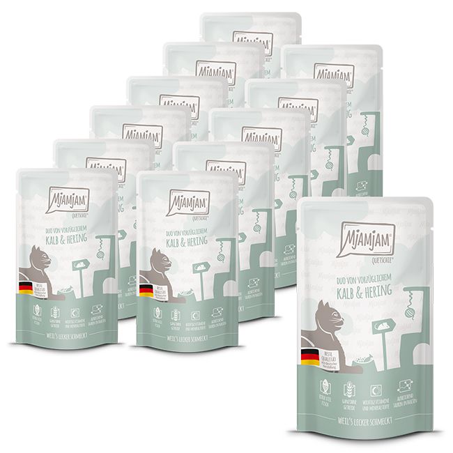 MjAMjAM - Quetschie DUO von vorzüglichem Kalb & Hering 12x125 g Futter