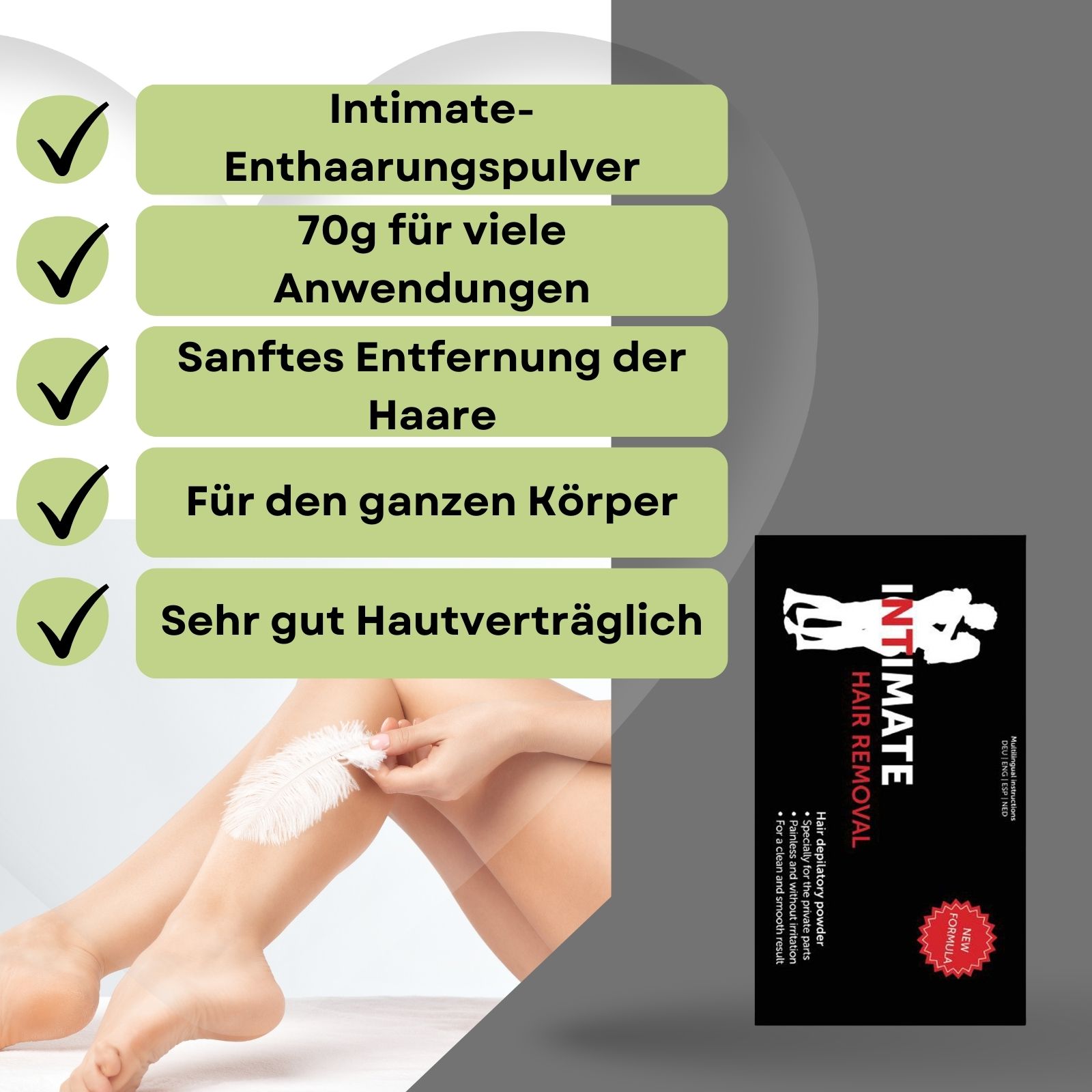 Produktverpackung mit Intimate Hair Removal. Text mit Produktinformationen. Bein mit Enthaarungspulver und Feder.