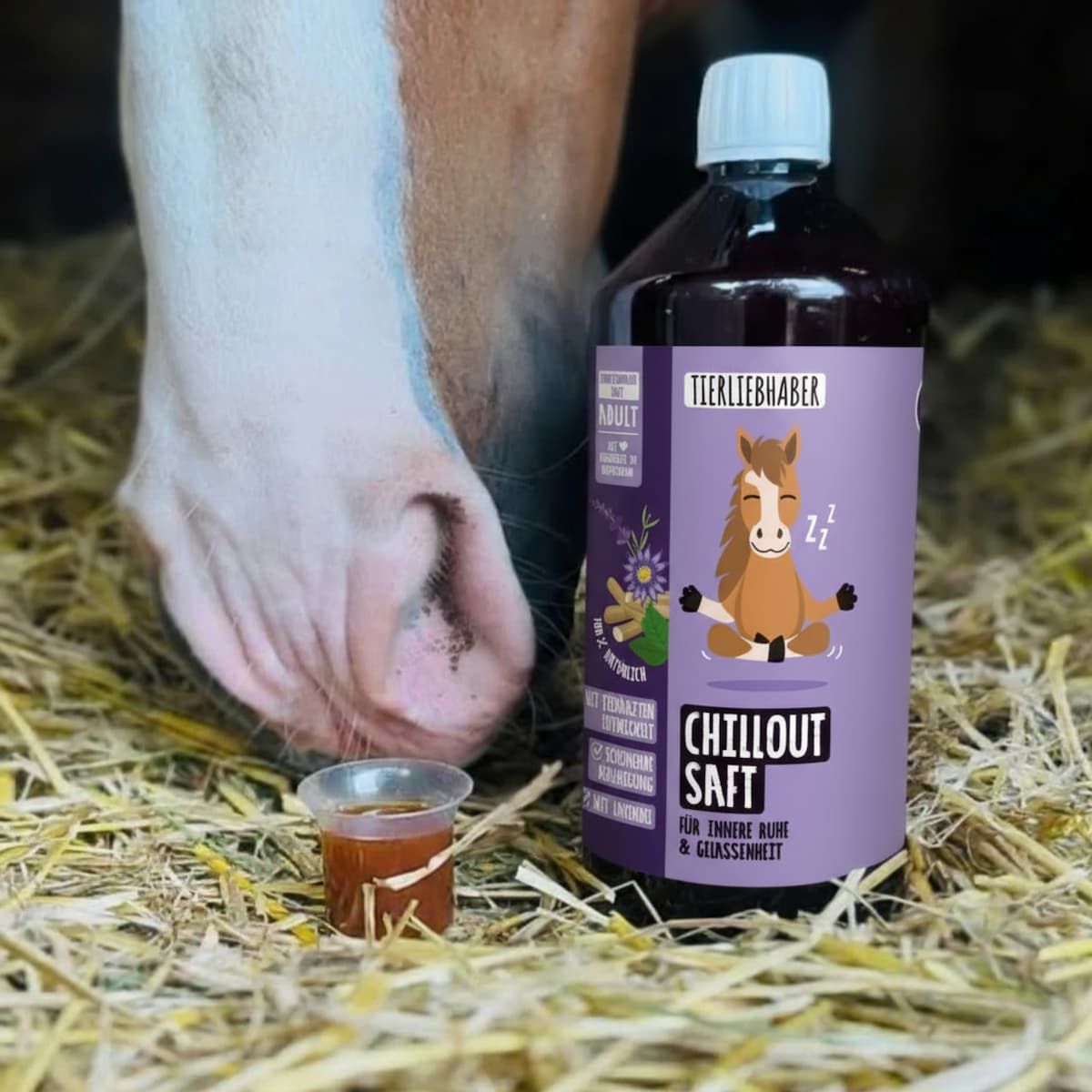 Braune Flasche mit Etikett und Logo, daneben ein Becher mit Flüssigkeit. Pferd im Hintergrund.