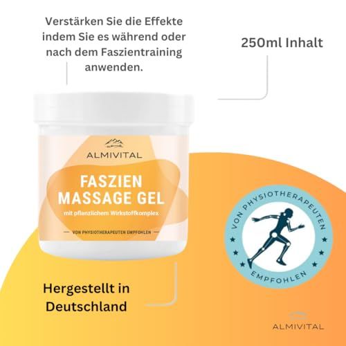 ALMIVITAL Faszien Massage Gel, 250ml. Text: Hergestellt in Deutschland. Logo: Von Physiotherapeuten empfohlen. Anwendung während/nach Faszientraining.