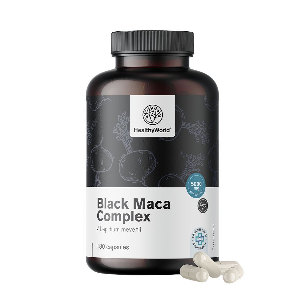 Braune Flasche mit schwarzen Kapseln. Aufschrift: Black Maca Complex, 180 Kapseln. Logo: HealthyWorld. Einige Kapseln liegen daneben.
