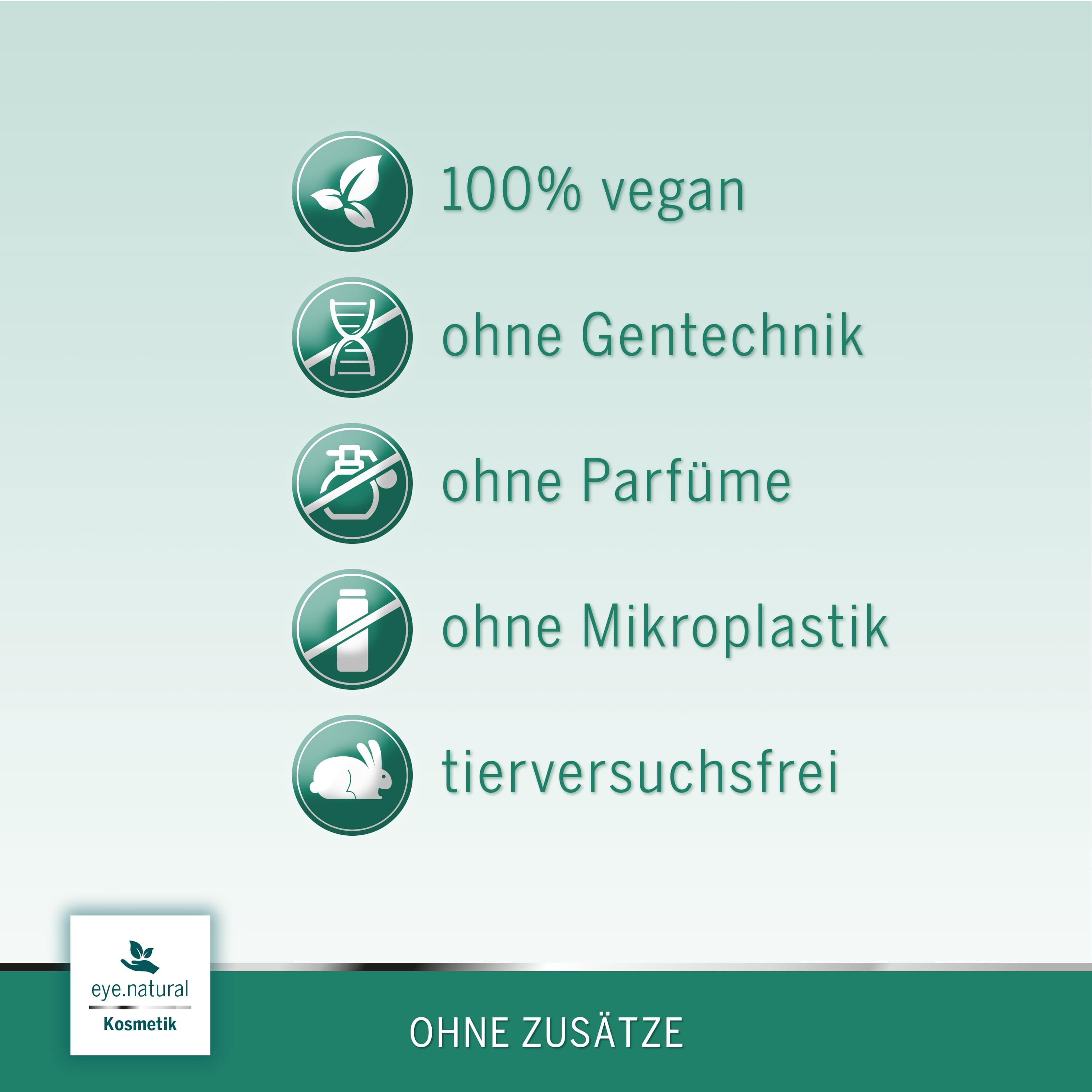 Fünf Kreissymbole mit Text: 100% vegan, ohne Gentechnik, ohne Parfüm, ohne Mikroplastik, tierversuchsfrei. Logo: eye.natural Kosmetik.