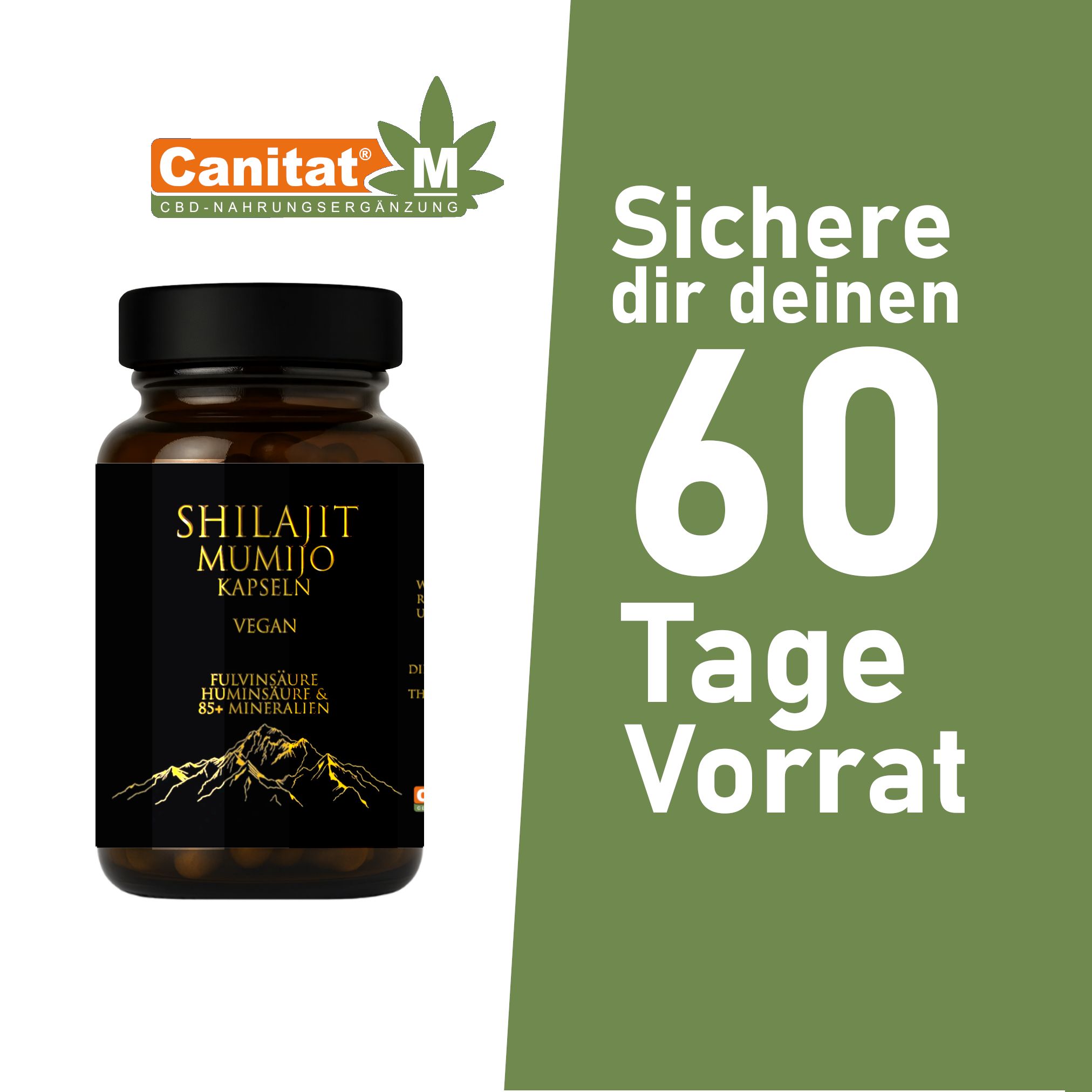 Braune Glasflasche mit schwarzem Deckel. Etikett mit Produktname. Canitat M Logo. Text: 60 Tage Vorrat.