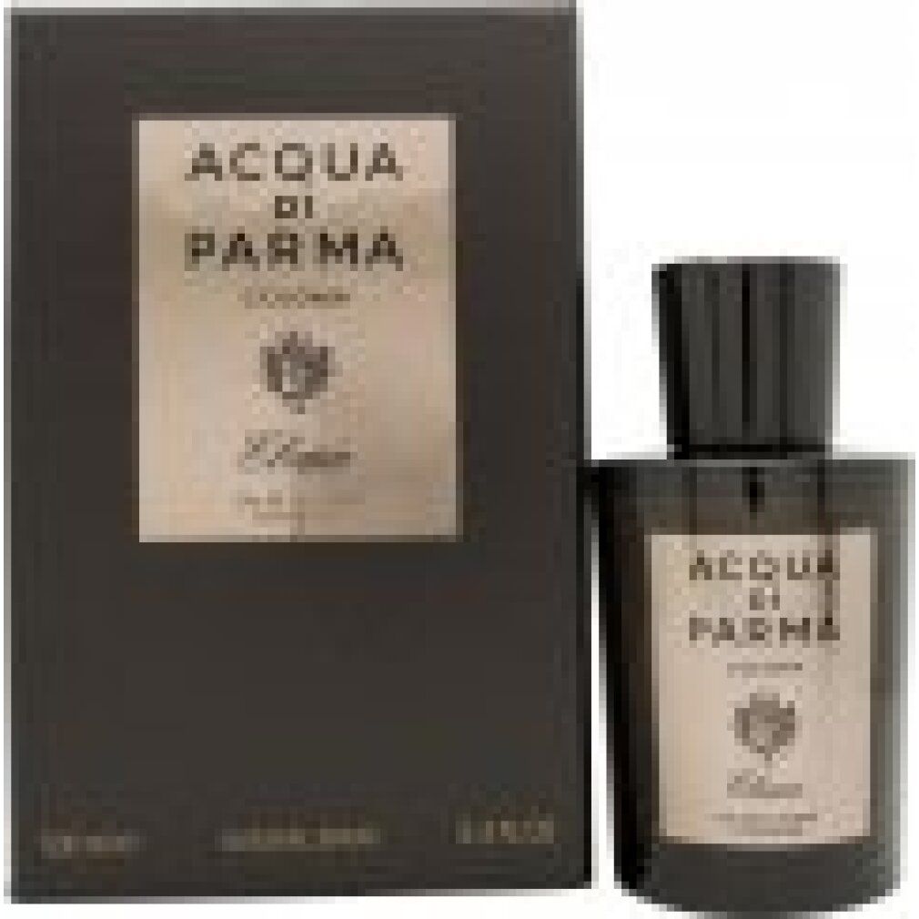 Acqua di Parma Colonia Ebano EdC Flakon und Verpackung. Schwarze Flasche mit Etikett. Schwarze Box mit Logo.