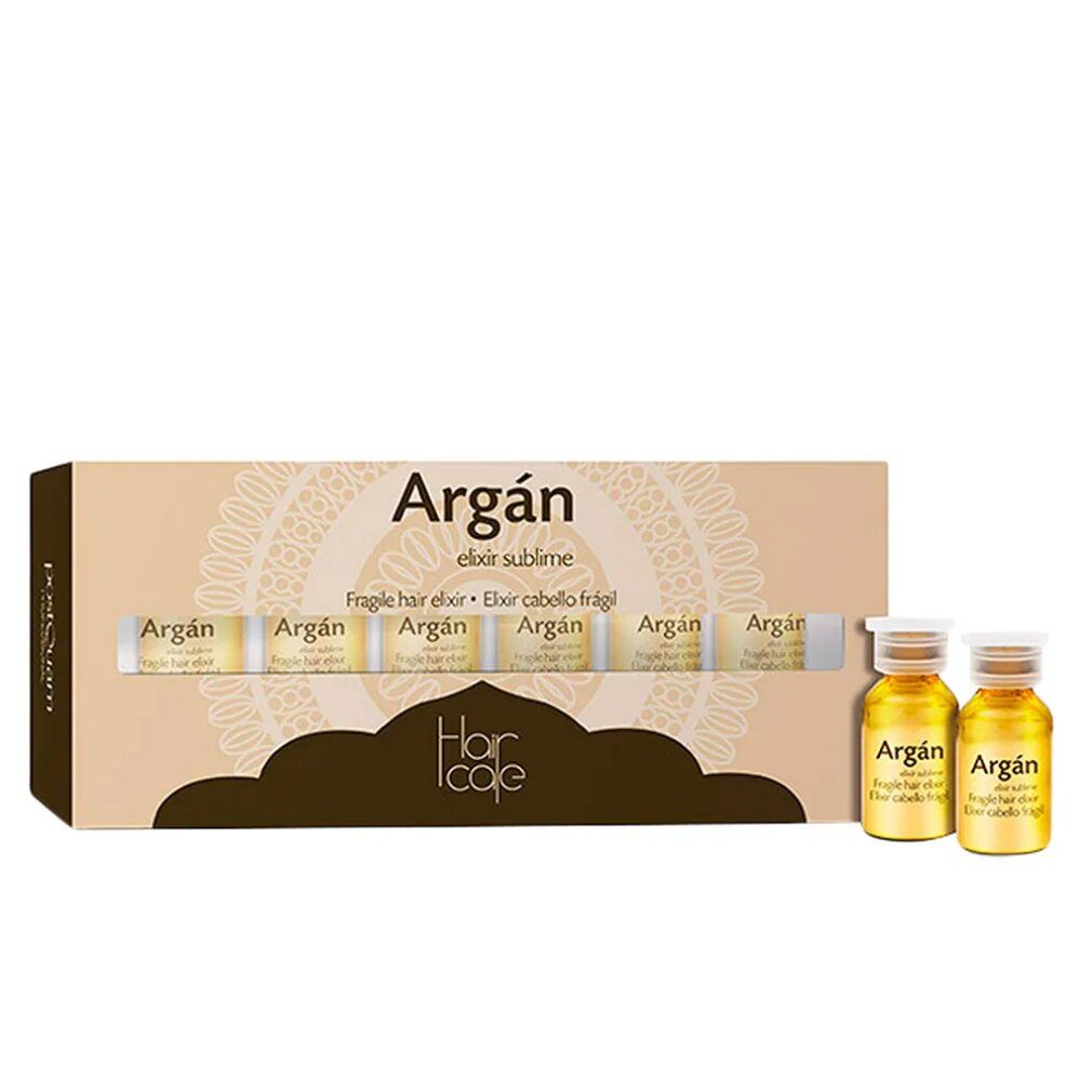 Kartonverpackung mit sechs kleinen Fläschchen und zwei separaten Fläschchen. Aufschrift: Argan, Elixir sublime. Marke: Hair cafe.