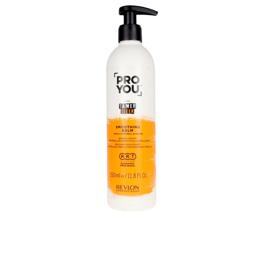 Weiß-orangefarbene Flasche mit schwarzem Pumpkopf. Text: PRO YOU, THE TAMER SLEEK, SMOOTHING BALM, 350ml/11.8 Fl.Oz, REVLON PROFESSIONAL.