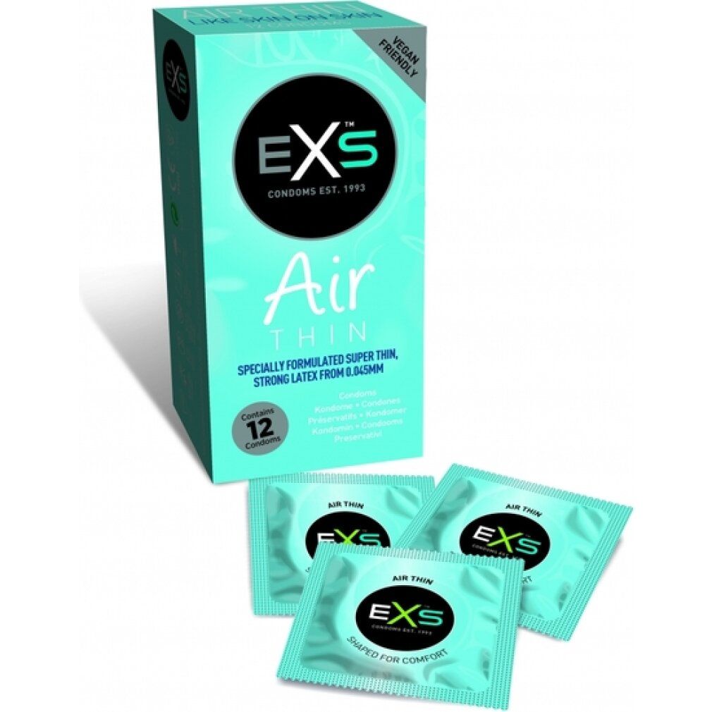 Schachtel mit 12 Kondomen und drei einzeln verpackten Kondomen. Aufdruck: EXS, 'Air Thin'. Vegan-freundlich.