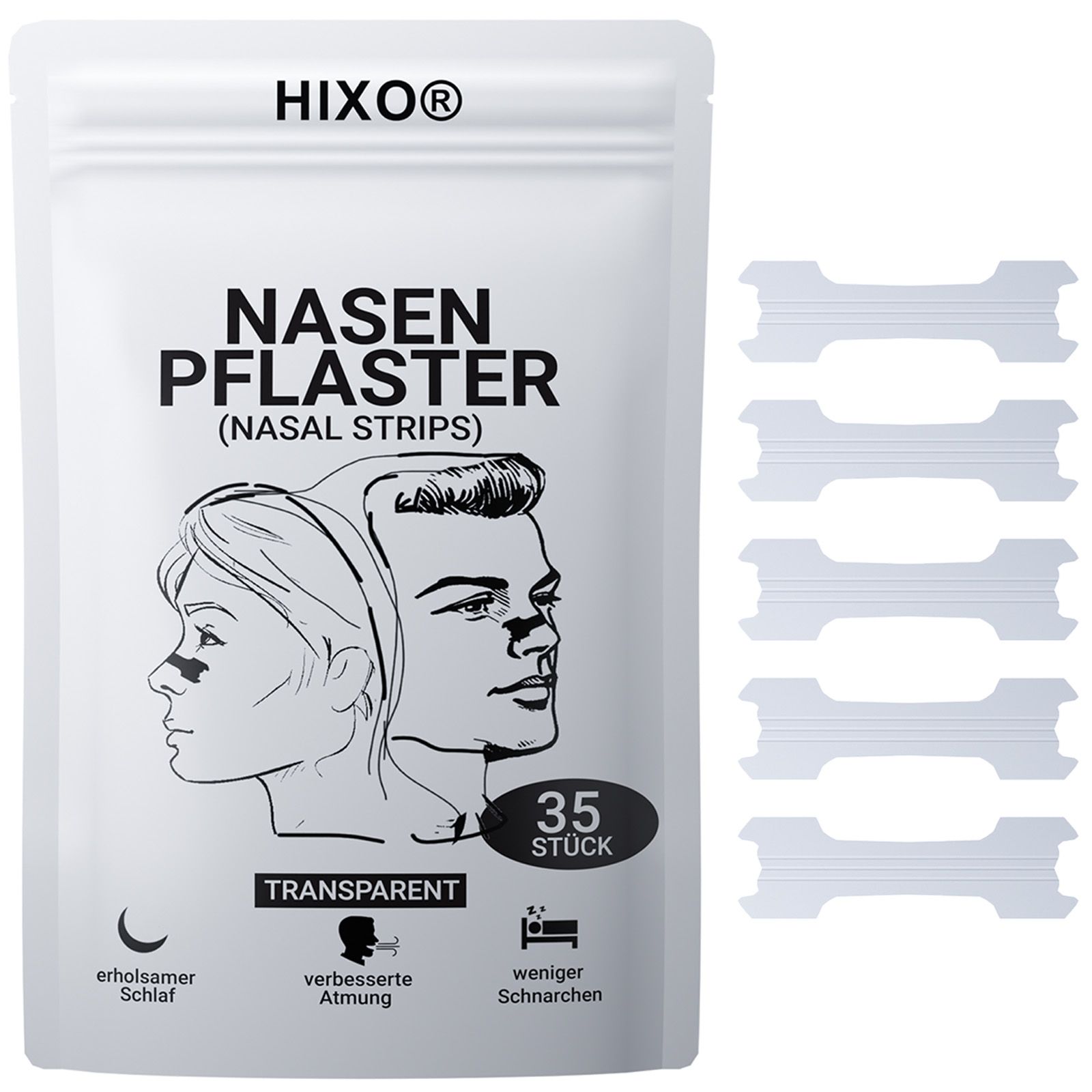 Weiße Verpackung mit Nasenpflastern. Aufdruck: HIXO, Nasenpflaster, transparent, 35 Stück. Daneben liegen Nasenpflaster.