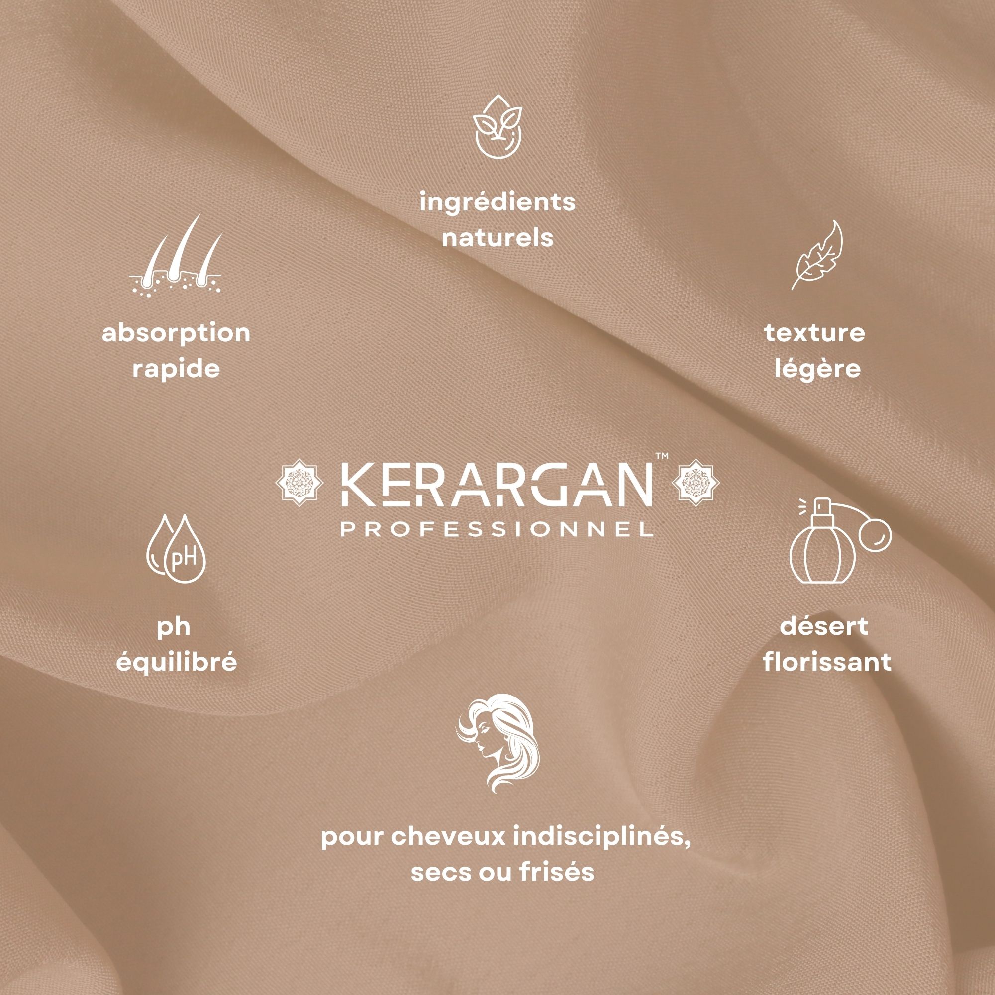 Disposition circulaire avec logos et icônes. Texte : Kerargan, Professionnel. Pour cheveux indisciplinés, secs ou bouclés.