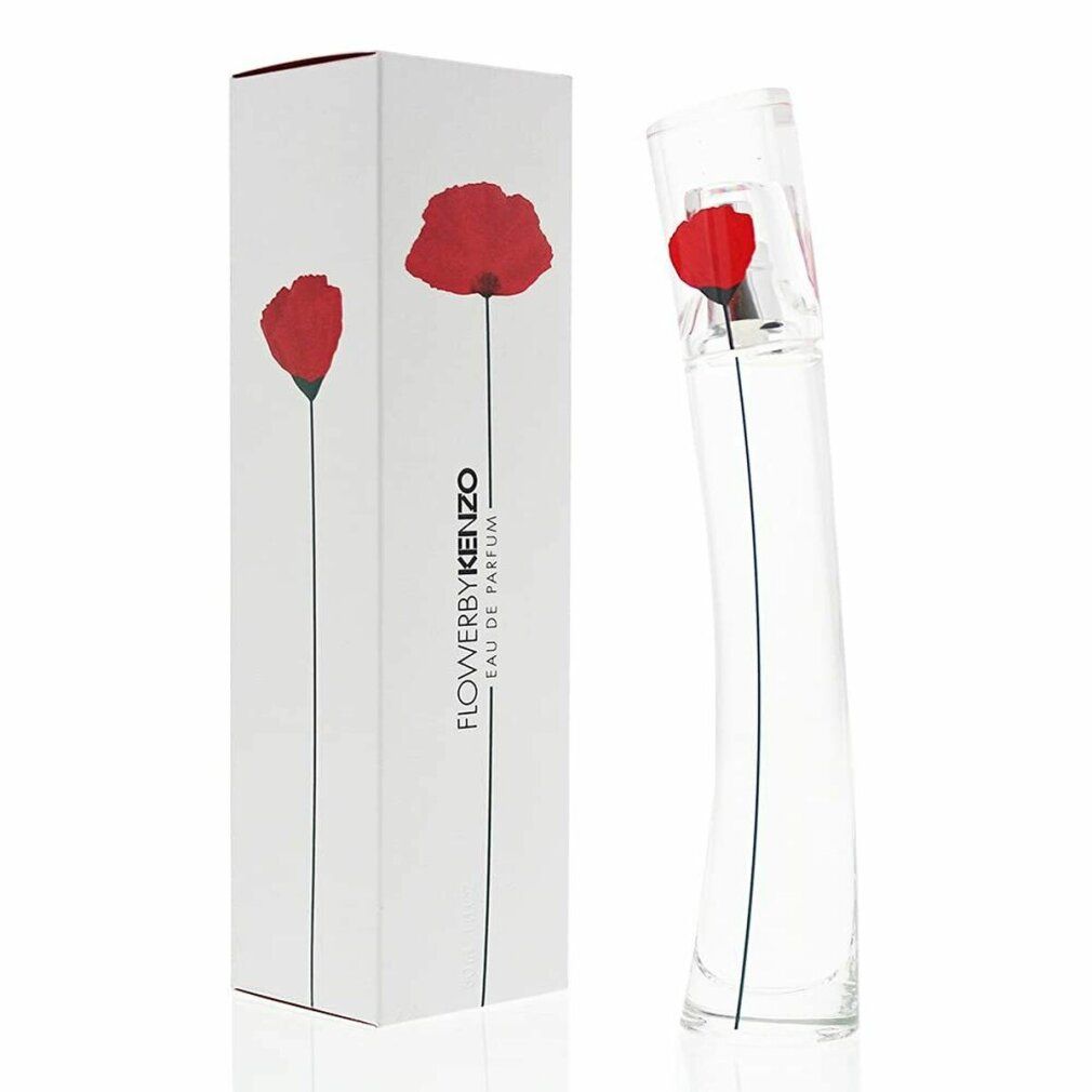 Parfümflasche und Verpackung. Flasche mit roter Blume und grünem Stiel. Verpackung mit Logo und Blume.