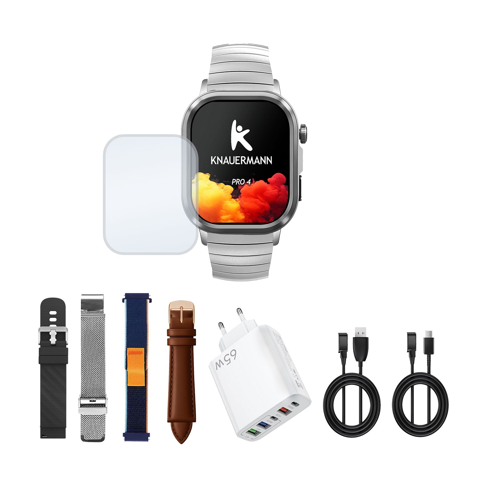 Smartwatch Knauermann PRO 4 mit Zubehör: Schutzfolie, Armbänder, Ladegerät, Kabel. Display mit Logo und Farbdarstellung.