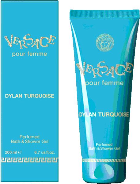 Türkisfarbene Tube und Schachtel. Aufschrift: Versace pour femme, Dylan Turquoise. Duschgel. Goldene Schrift.