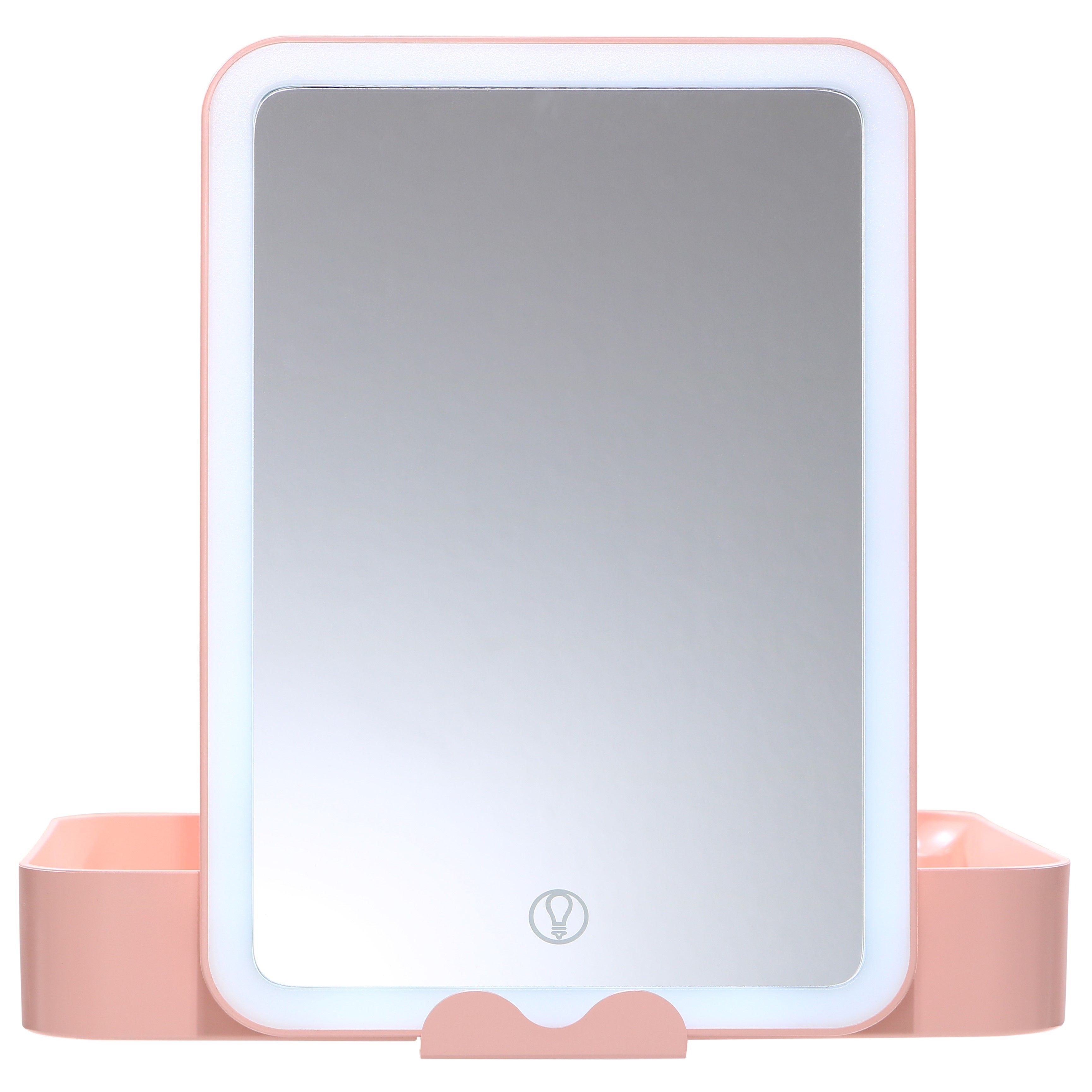 Rosa Beautycase mit LED-Spiegel. Rechteckiger Spiegel mit LED-Rahmen und rosa Ablage. Unten ein rosa Fach.
