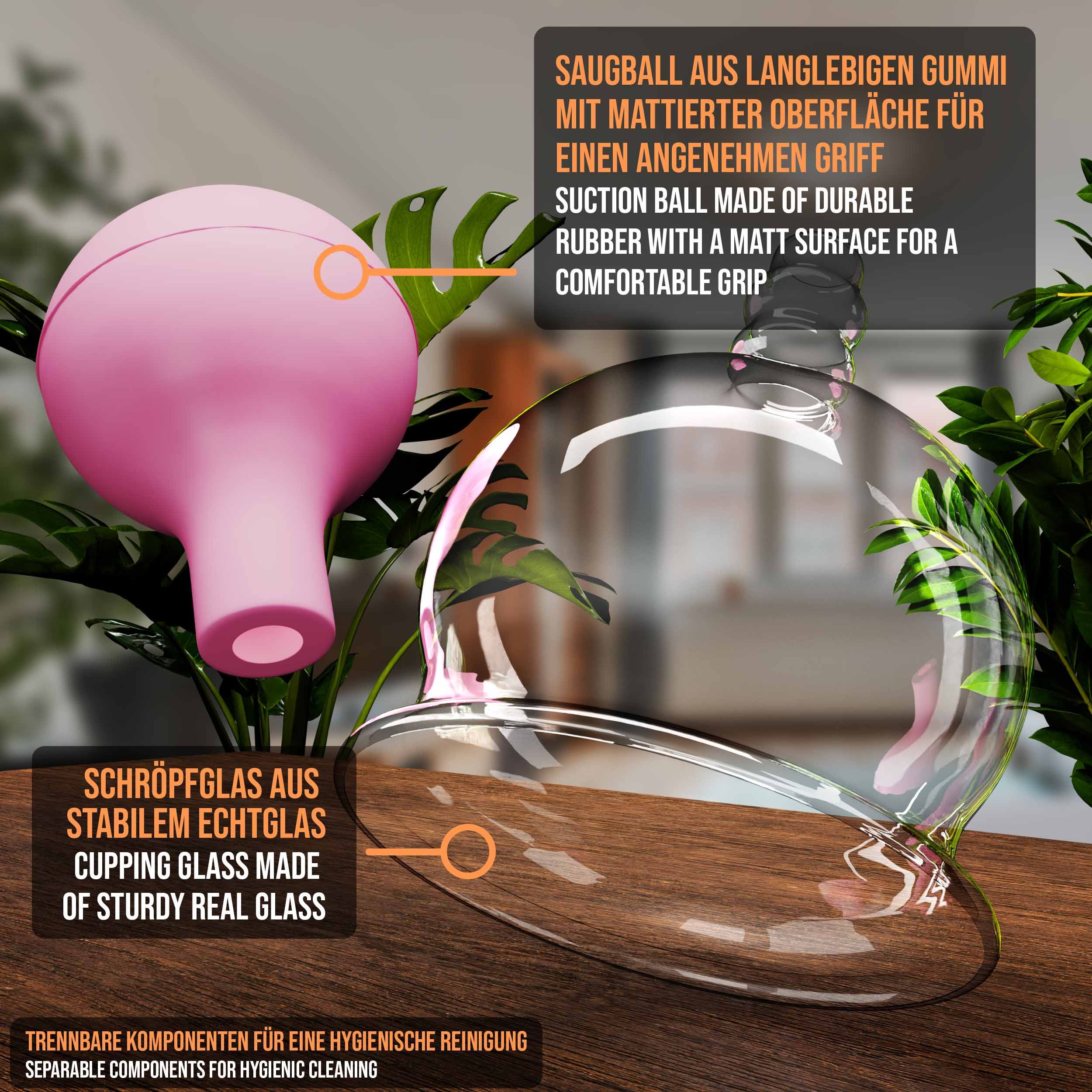 Pulox Schröpfgläser aus Echtglas mit Saugball - Set Duo Groß in Pink: 52mm, 62mm