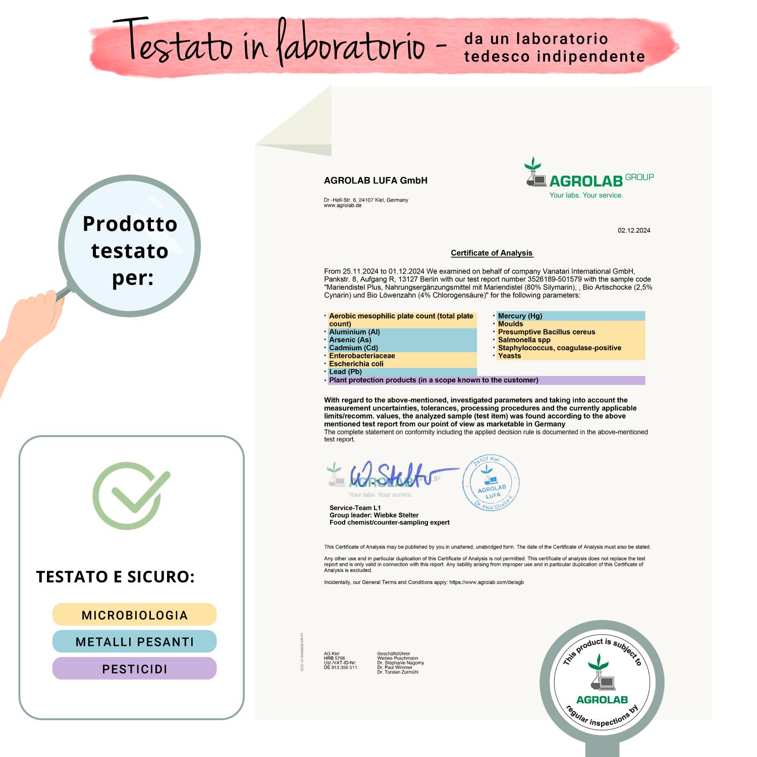 Certificato di laboratorio. Testato e sicuro: microbiologia, metalli pesanti, pesticidi. Logo Agrolab.