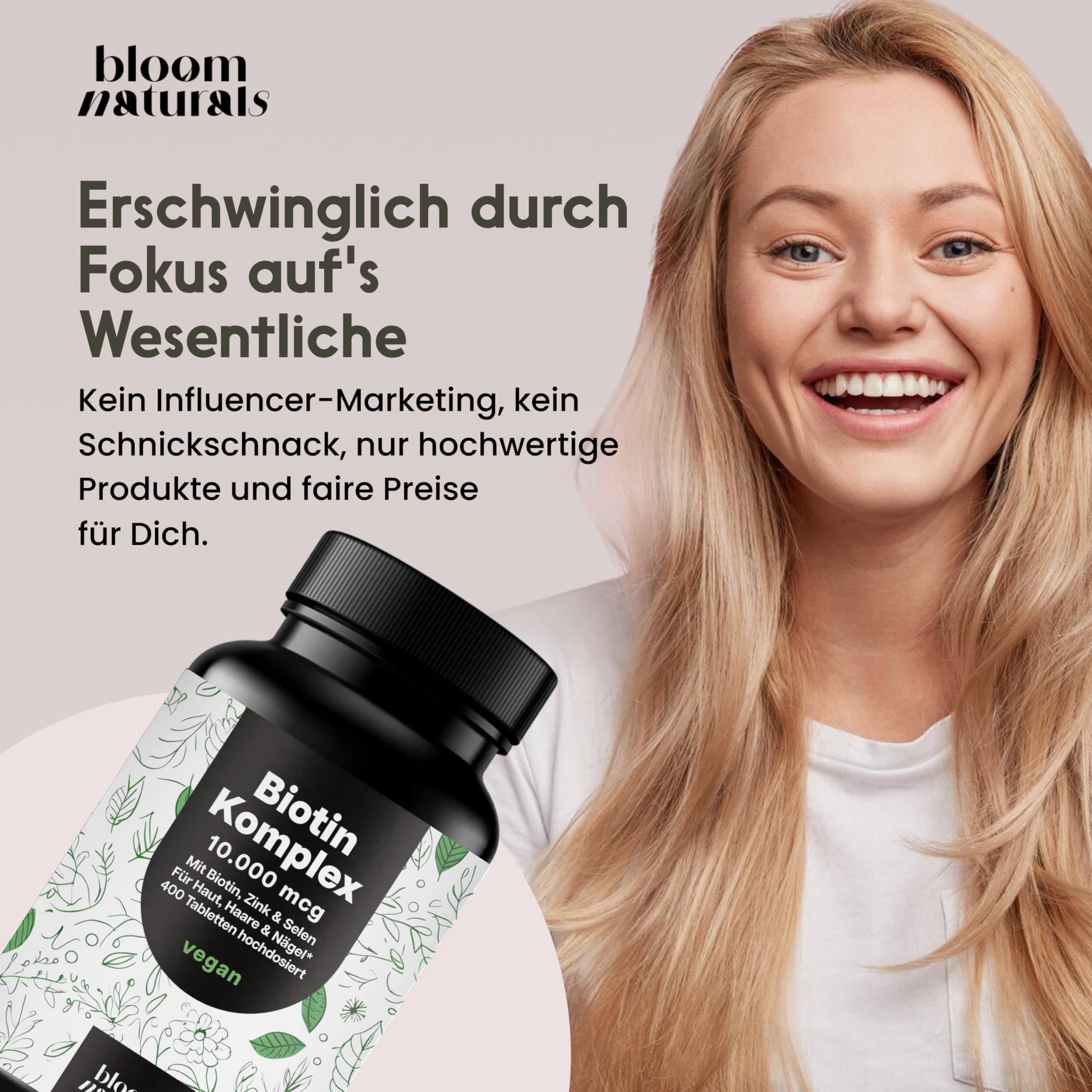 Frau lächelt. Flasche mit Etikett. Text: Erschwinglich durch Fokus auf's Wesentliche. Kein Influencer-Marketing, nur hochwertige Produkte.