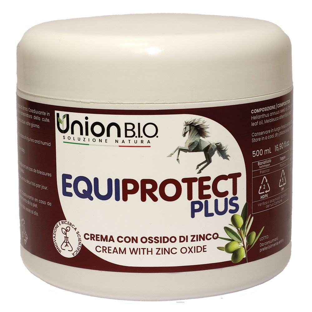 Weißer Behälter mit Aufschrift Union B.I.O. Equiprotect Plus. Enthält Creme mit Zinkoxid. Volumen: 500 ml.