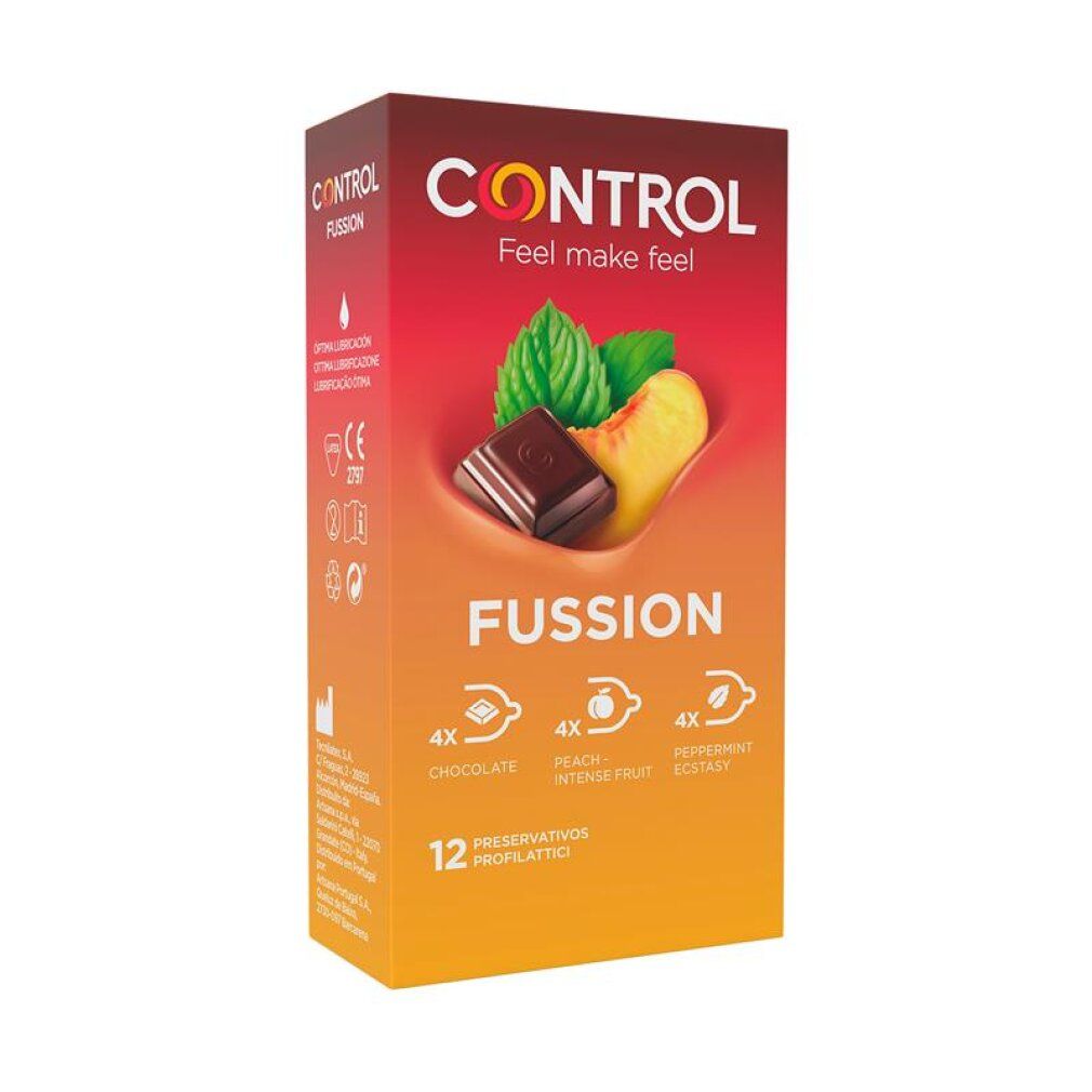 Packung Control Fussion Kondome mit Erdbeer-, Pfirsich- und Schokoladenduft. 12 Stück.