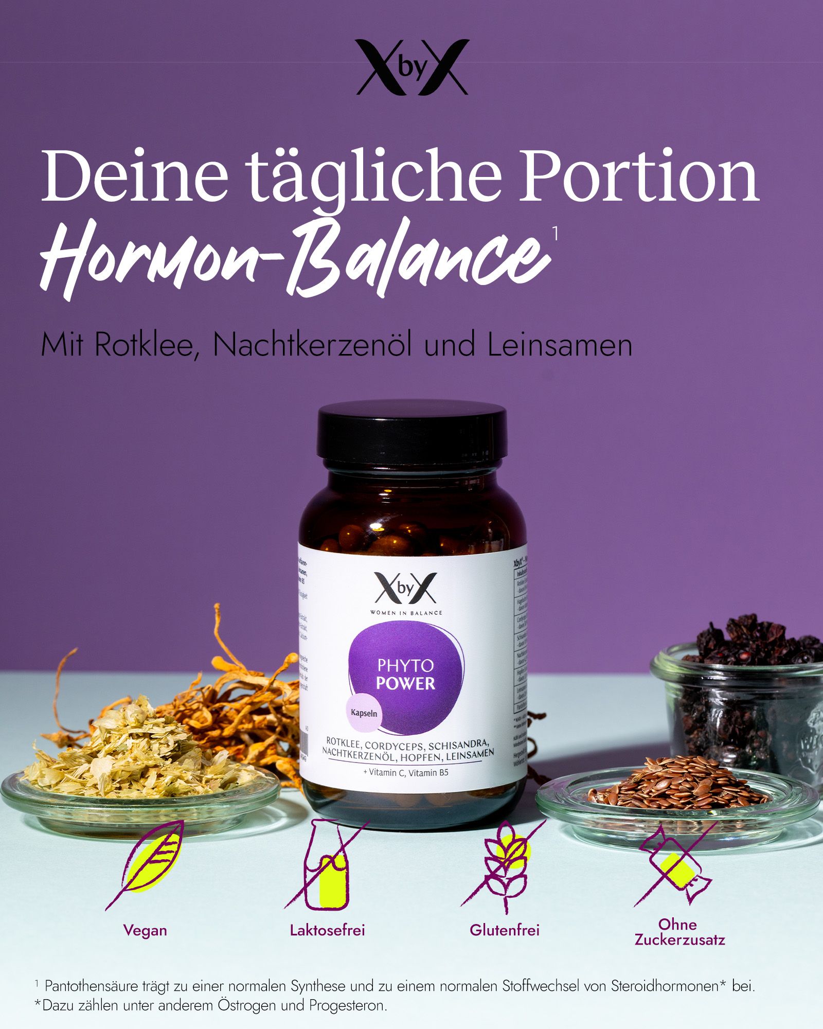 XbyX Phyto Power Kapseln Flasche mit Zutaten und Siegeln: Vegan, Laktosefrei, Glutenfrei, Ohne Zuckerzusatz.