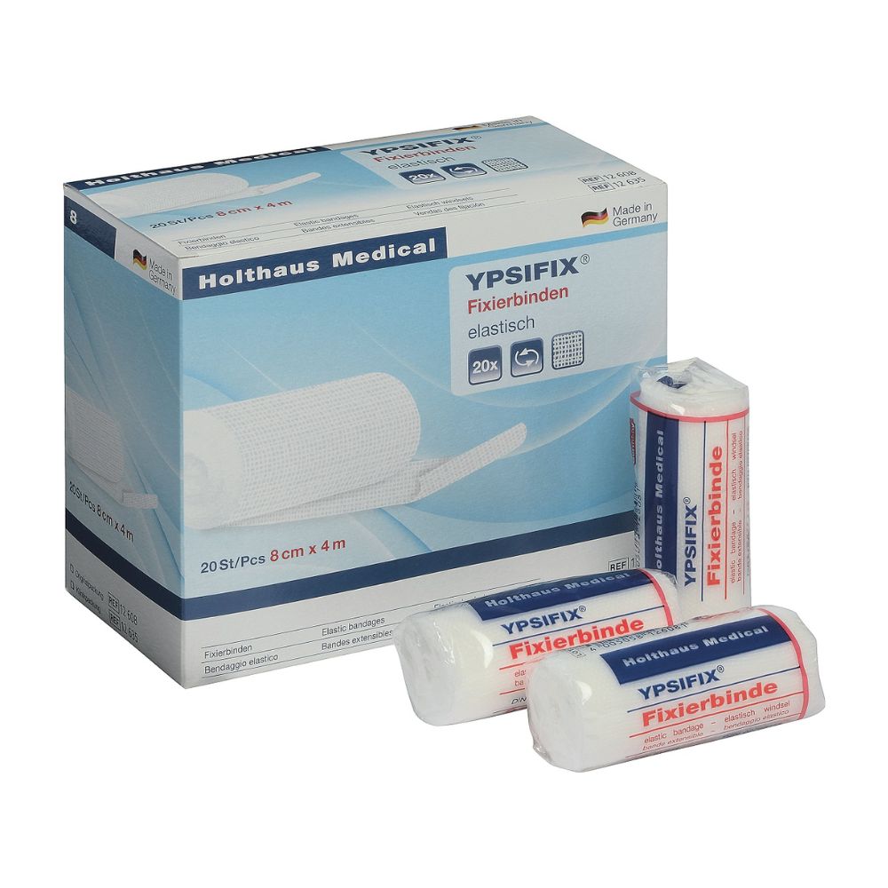 Verpackung mit Holthaus Medical YPSIFIX Fixierbinden. Box mit 20 Rollen, 4 cm x 4 m. Drei Rollen und eine Rolle sichtbar.