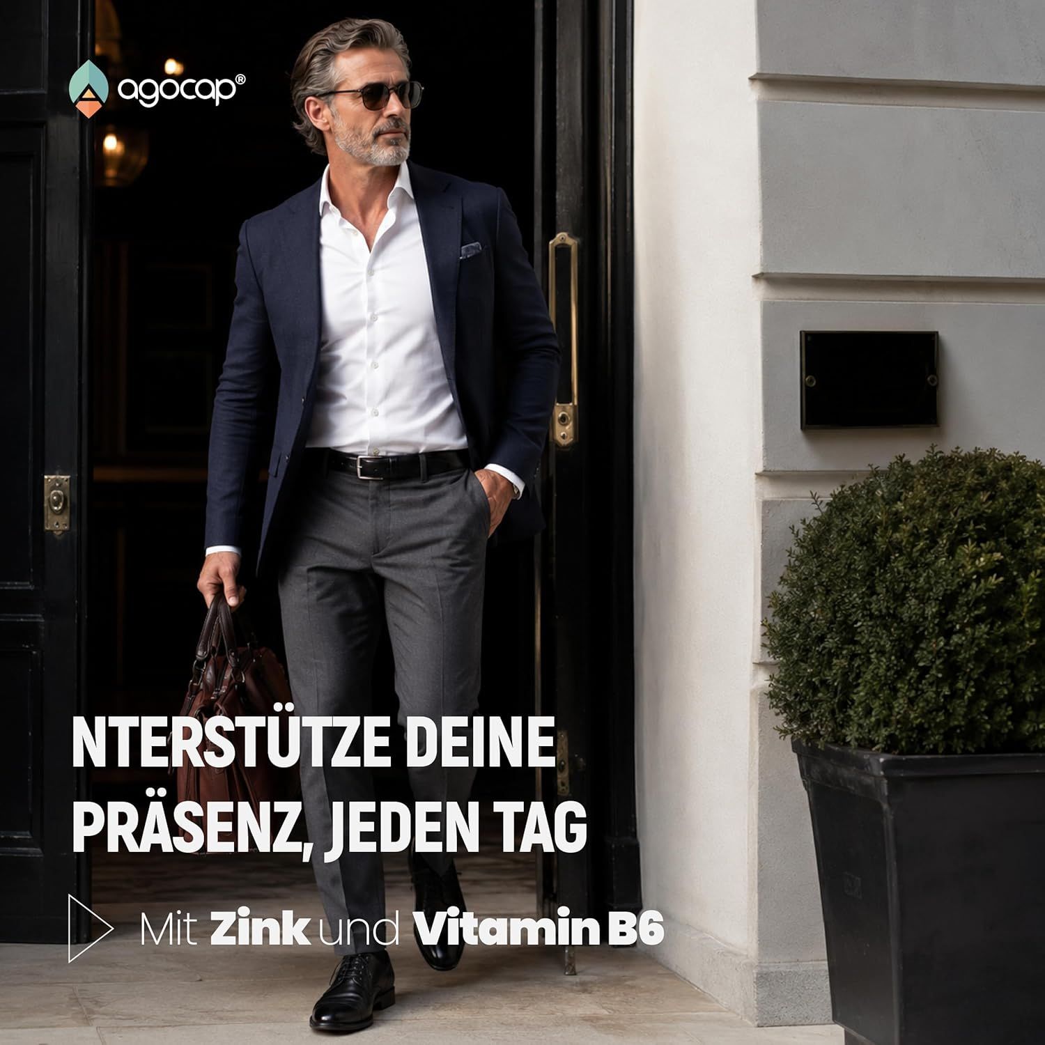 Mann in Anzug mit Agocap-Logo, Zink und Vitamin B6.