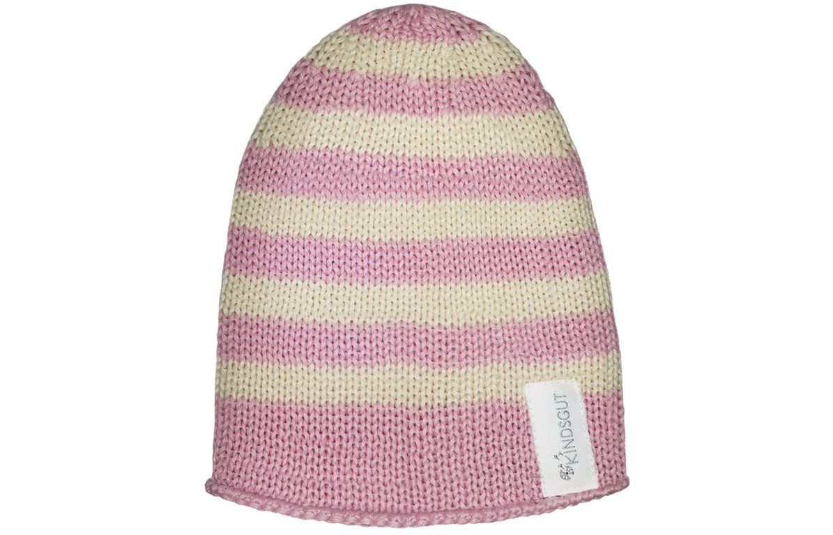 Rosa-weiß gestreifte Kindermütze. Label mit Kindsgut-Logo. Strickmuster.