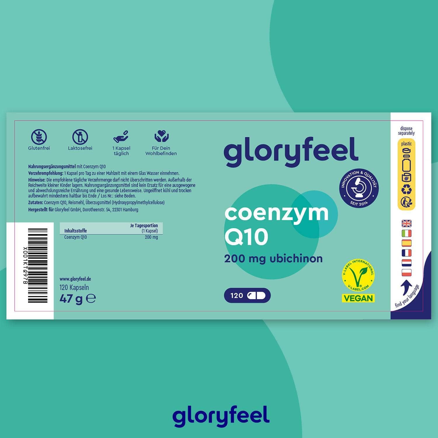 Etikett mit Produktinformationen. Aufschrift: gloryfeel Coenzym Q10, 200 mg Ubichinon, 120 Kapseln. Glutenfrei, laktosefrei, vegan.