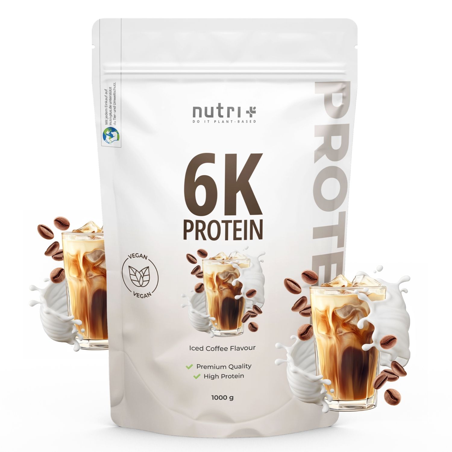 nutri+ 6K Protein Pulver, Iced Coffee Geschmack, 1000g Beutel mit Abbildung eines Eiskaffees.