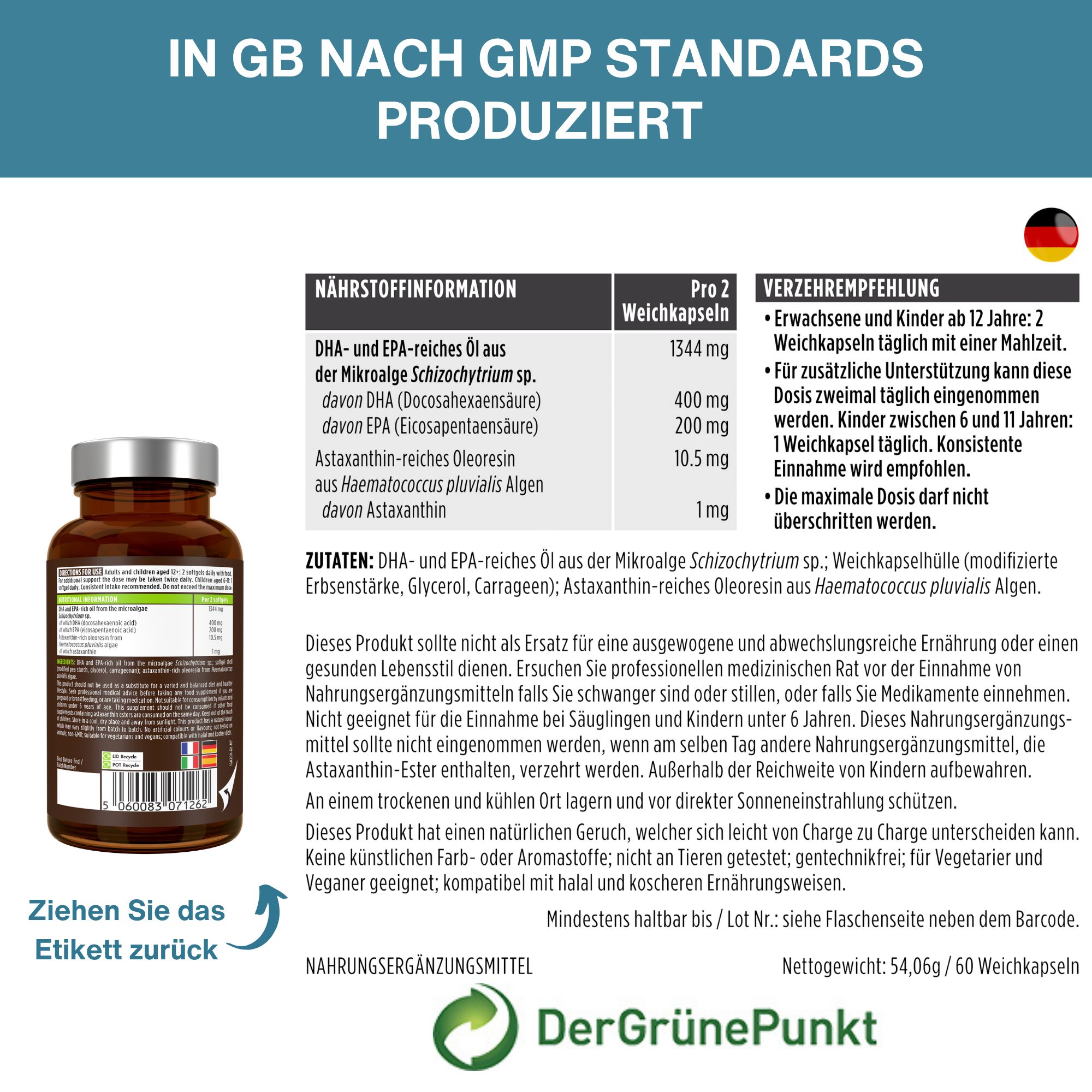 Hergestellt im Vereinigten Königreich nach GMP-Standards. Nährwertangaben und Verzehrempfehlung.
