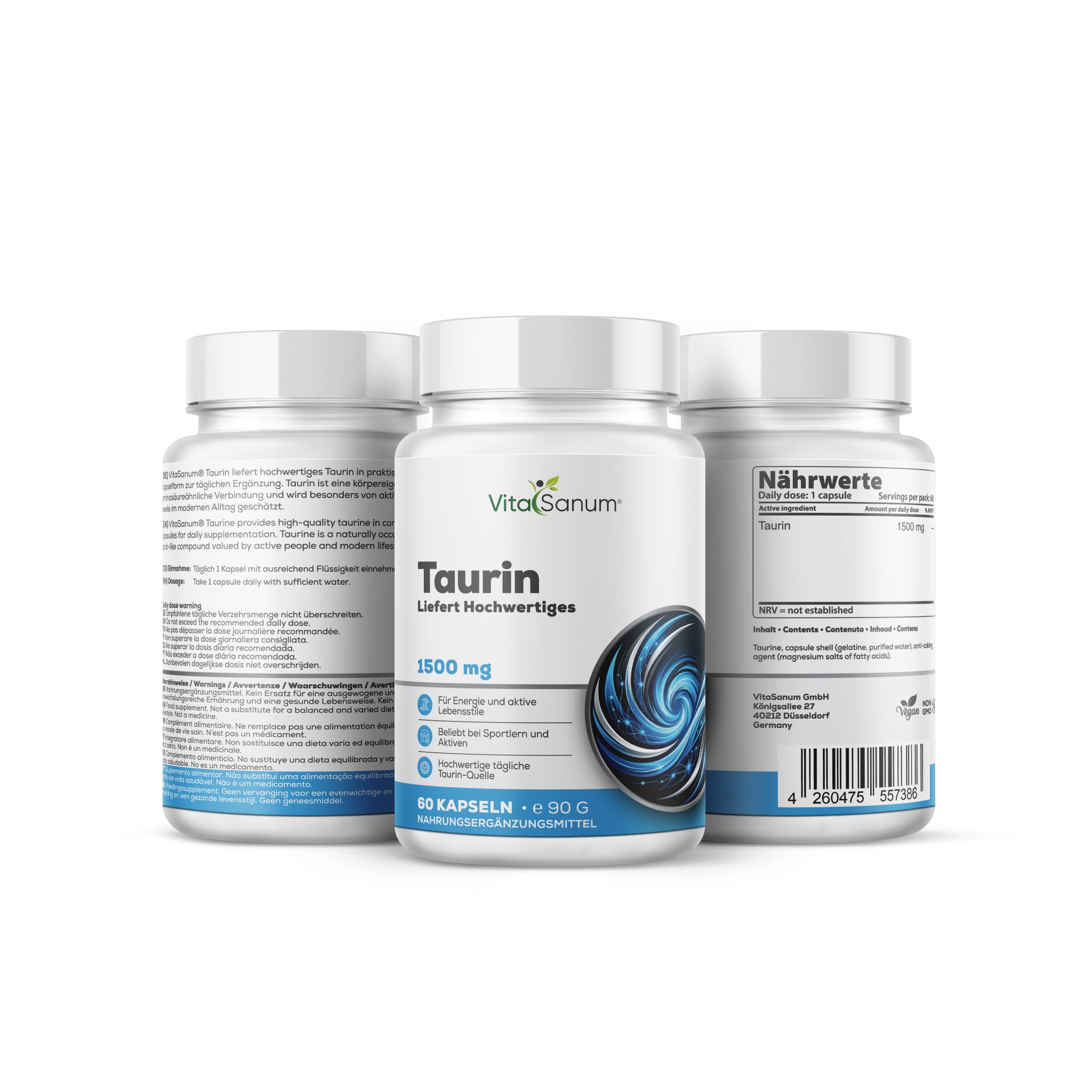 VitaSanum Taurin 1500 mg Kapseln: Drei weiße Flaschen mit blauen Etiketten, 60 Kapseln pro Flasche.