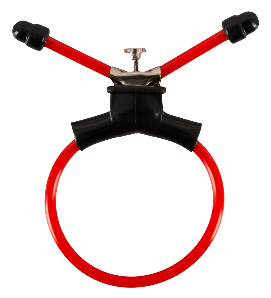 Roter Ring mit schwarzem Halter und drei roten Stäben mit schwarzen Enden.