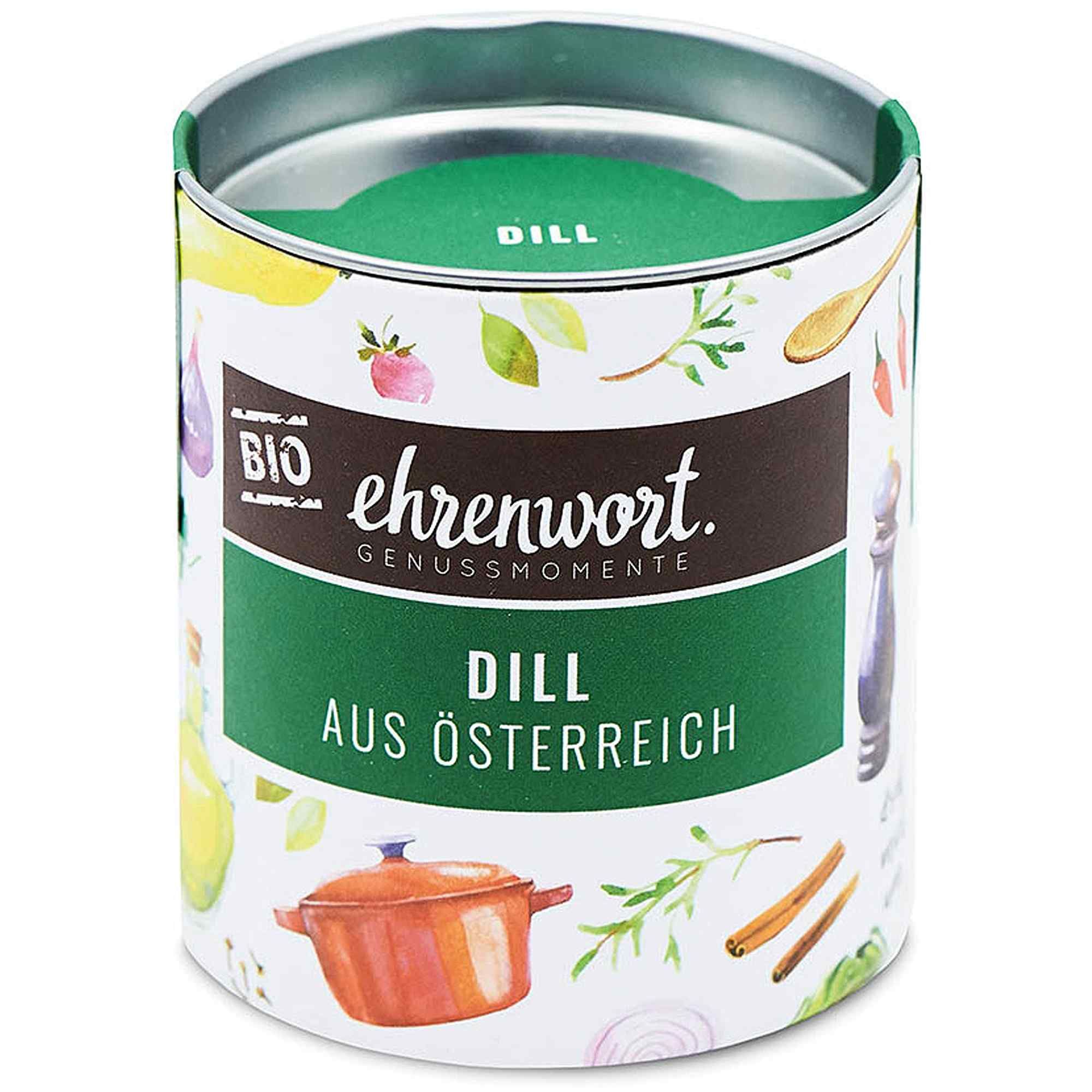 Eine zylindrische Dose mit BIO Dill von Ehrenwort. Die Dose hat einen grünen Deckel mit der Aufschrift "Dill". Auf dem Etikett steht "ehrenwort. Genussmomente" und "Dill aus Österreich". Die Dose ist mit Illustrationen von Kochutensilien und Zutaten verziert.