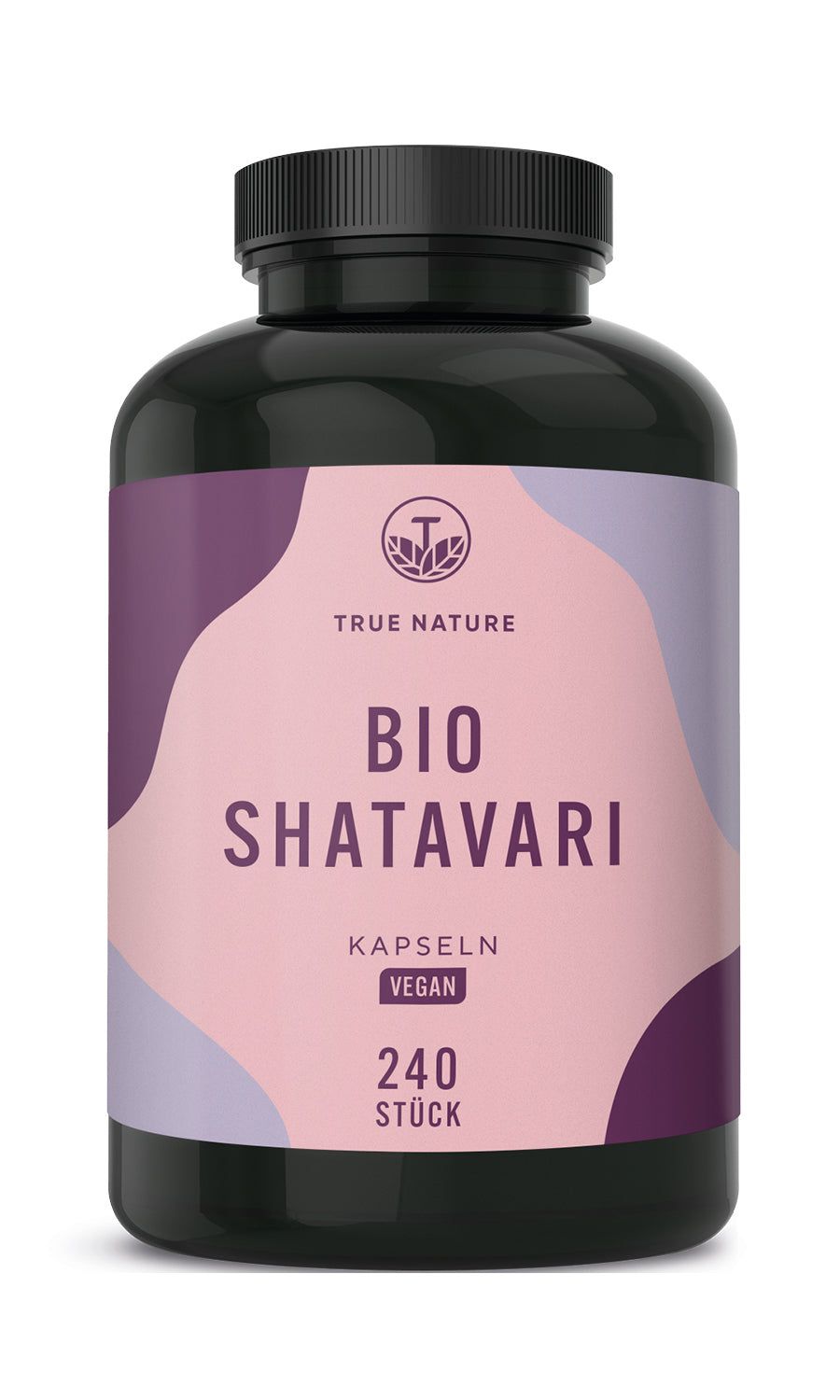 Dunkle Flasche mit Kapseln. Aufschrift: TRUE NATURE Bio Shatavari Kapseln, Vegan, 240 Stück.