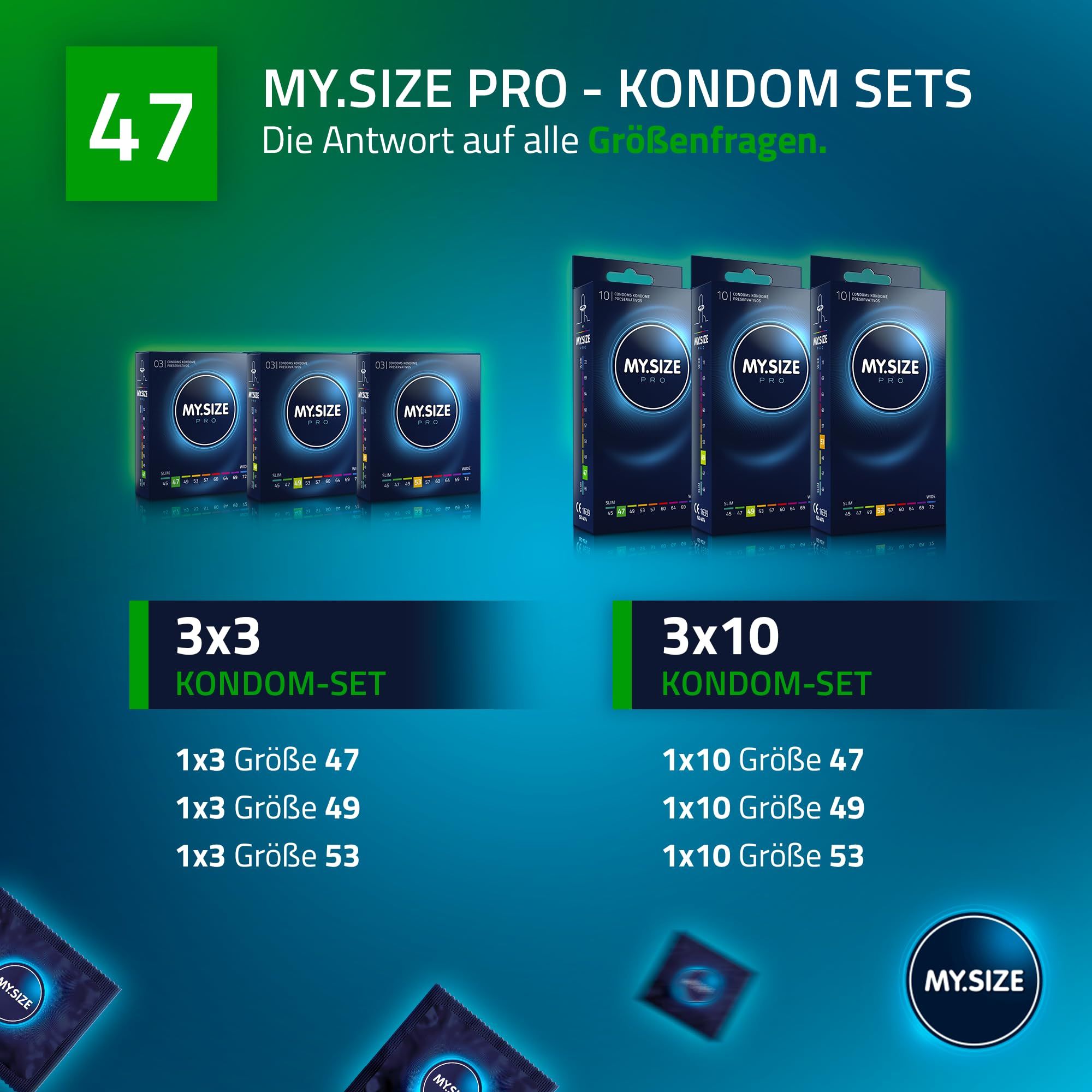 MY.SIZE PRO Kondom Sets: 3x3 und 3x10 Packungen in Größen 47, 49, 53.