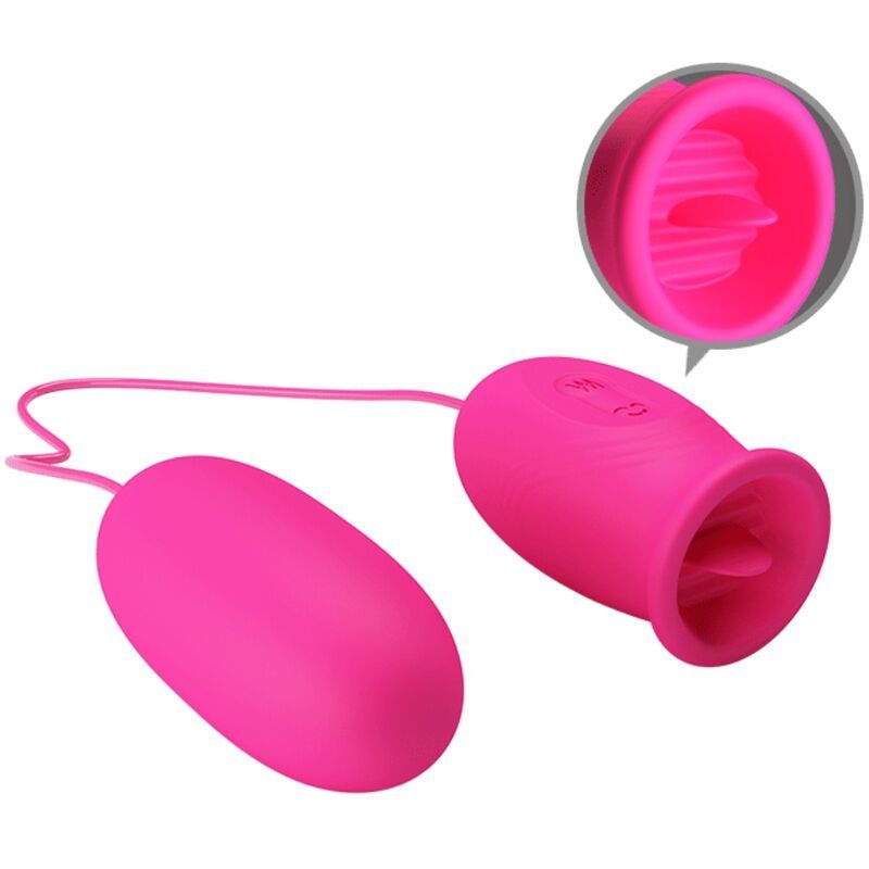 Rosa Ei-Vibrator mit einem zylindrischen Teil. Das zylindrische Teil hat eine Öffnung mit Lamellen. Verbunden durch ein rosa Kabel.