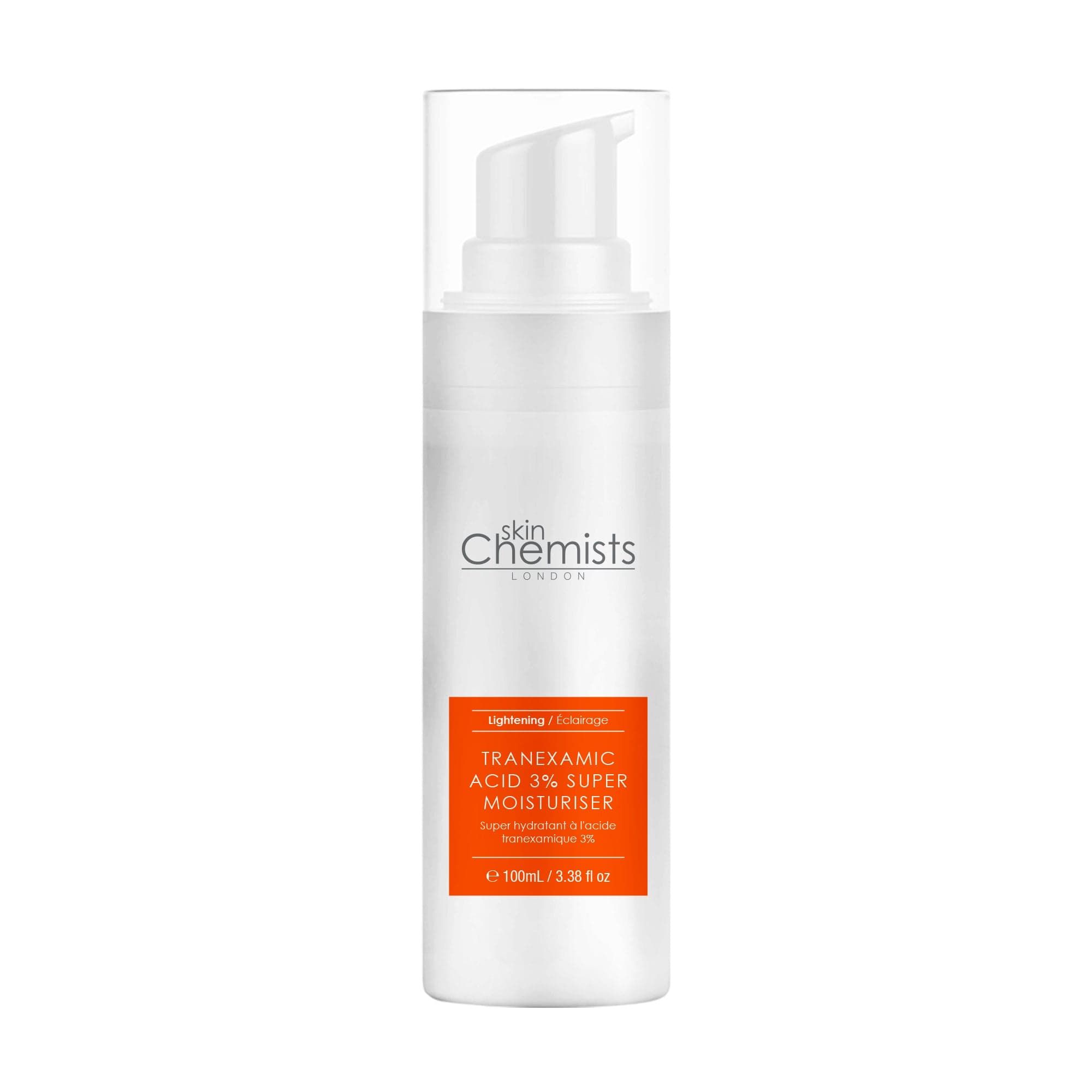 Weiße Flasche mit Dosierpumpe und orangefarbenem Etikett. Text: SkinChemists, Tranexamsäure 3% Super Moisturiser.