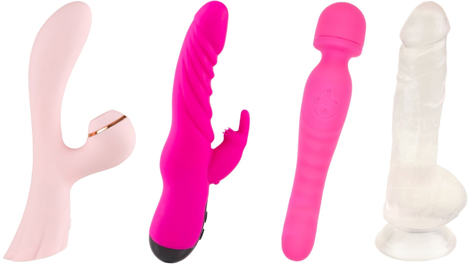 Vier Erotikspielzeuge: rosa Vibrator, fuchsia Vibrator, pinkfarbener Vibrator und transparenter Dildo.