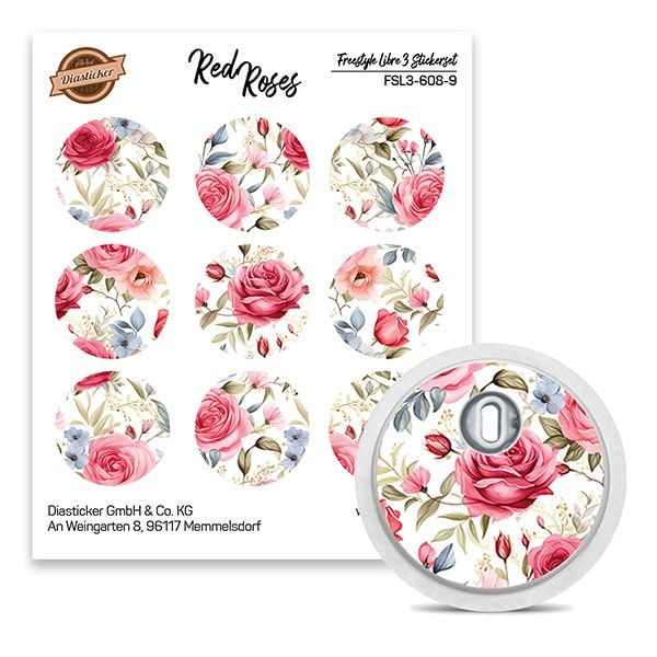 Aufkleber-Set mit Rosenmuster für Freestyle Libre 3. Neun runde Aufkleber und ein Sensor mit Rosenmuster. Text: Red Roses, Diasticker.
