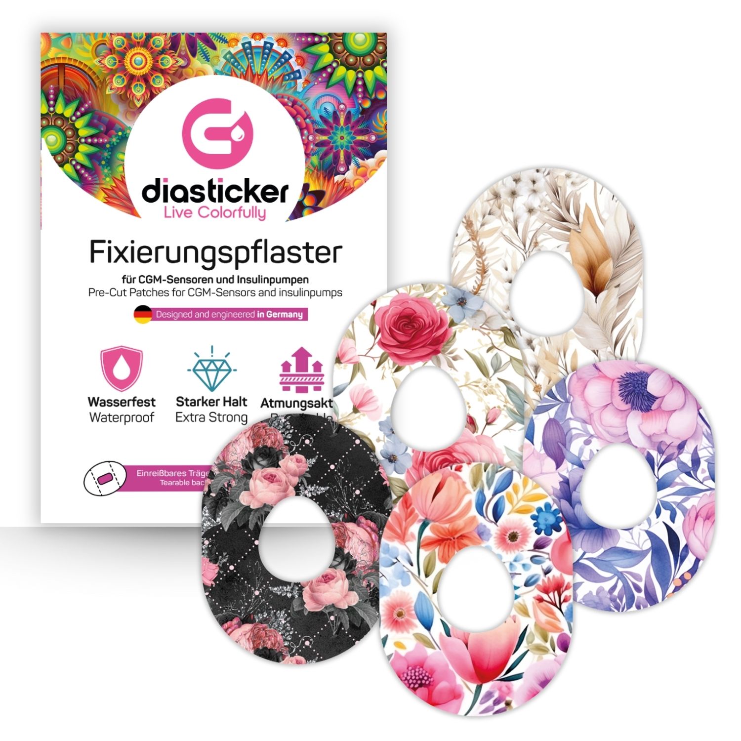 Diasticker® Dexcom G7 Fixiertapes 'Mix-Paket Flowers' 5 St