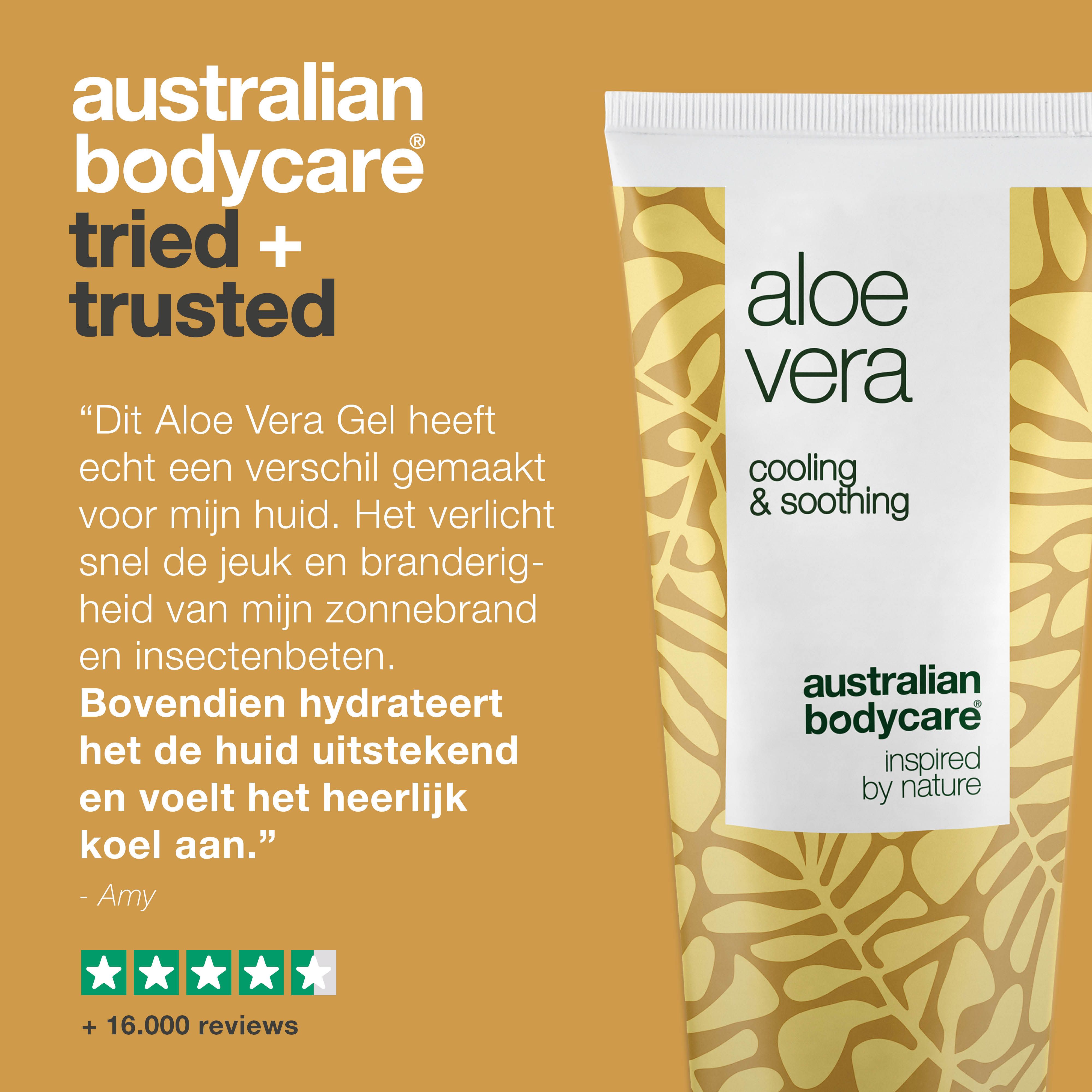Aloë vera gel tube. Tekst: Aloe Vera, Cooling & Soothing, Australian Bodycare. Citaat en sterrenbeoordeling.