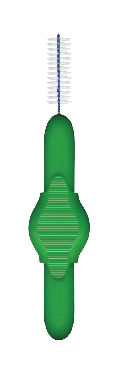 Grüne Interdentalbürste mit blau-weißen Borsten. Grüner Griff mit geriffelter Oberfläche. Borsten am oberen Ende.
