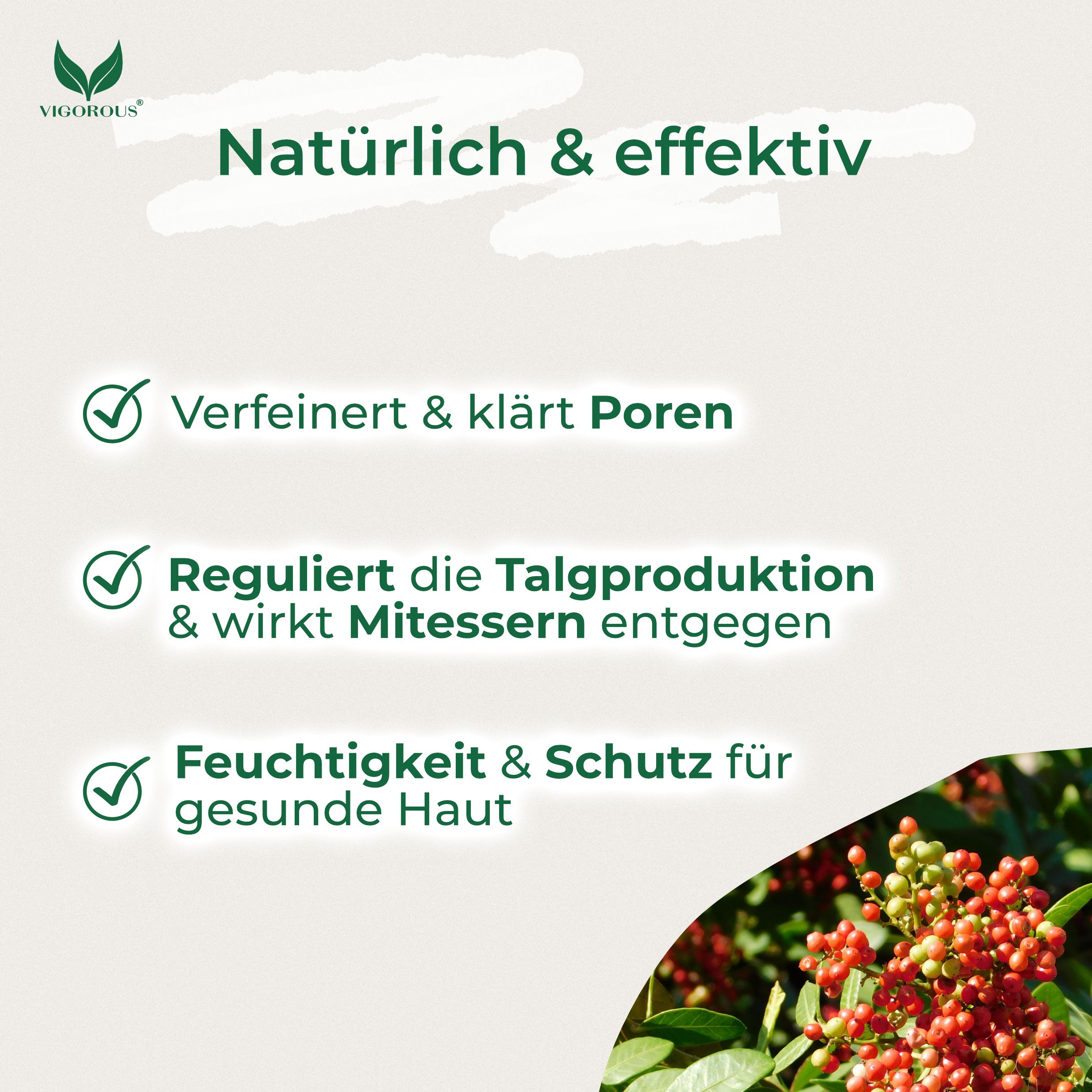 Vorteile: Verfeinert & klärt Poren, Reguliert die Talgproduktion, Feuchtigkeit & Schutz für gesunde Haut. Hintergrund mit Pflanzen.