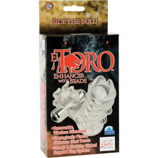 Verpackung mit Produkt. Aufschrift "El Toro Enhancer with Beads". Transparente Hülle mit Metallkugeln und Stimulator.