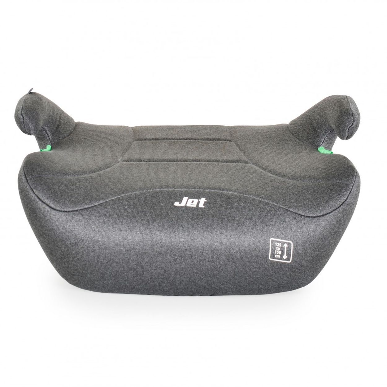 Grauer Kindersitz-Booster mit "Jet"-Logo und Größenindikator.