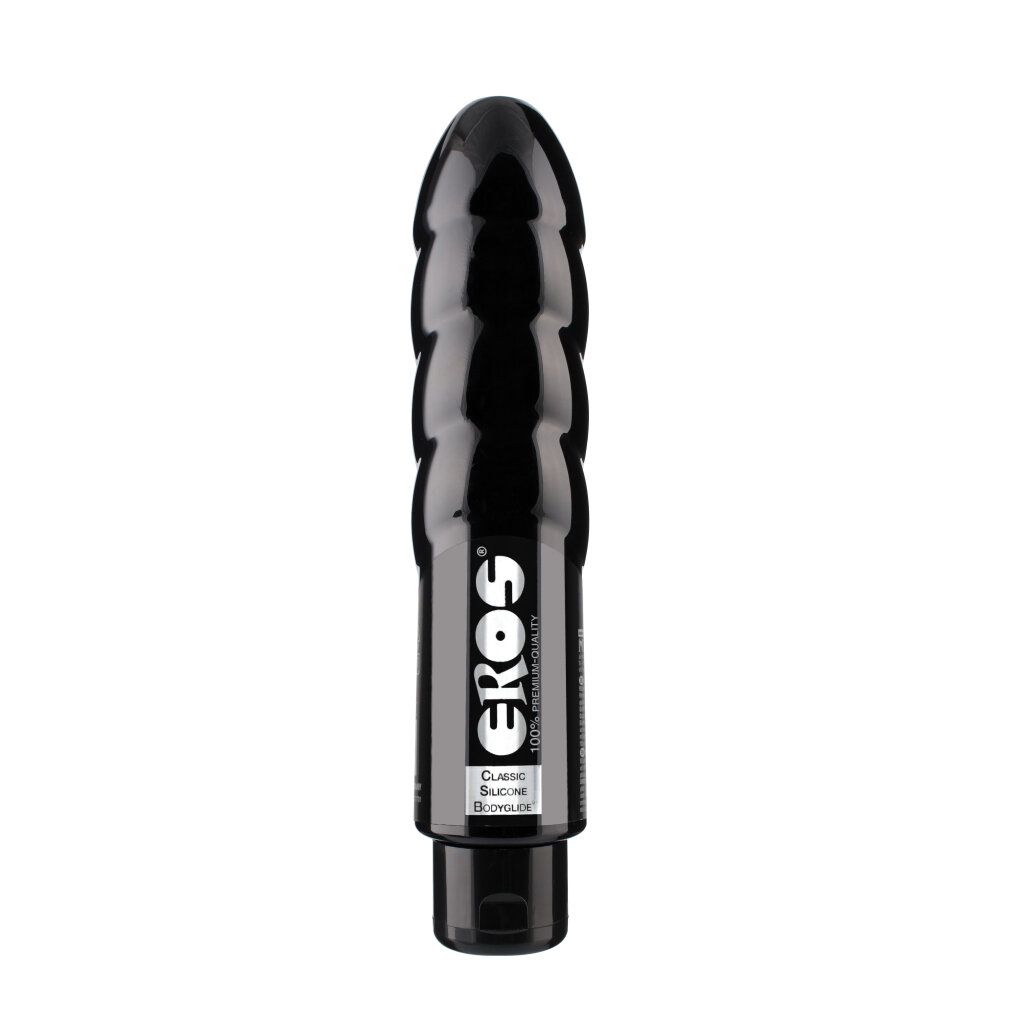 Schwarzes, längliches Produkt mit geriffelter Oberfläche. Aufschrift "EROS" und "CLASSIC SILICONE BODYGLIDE".