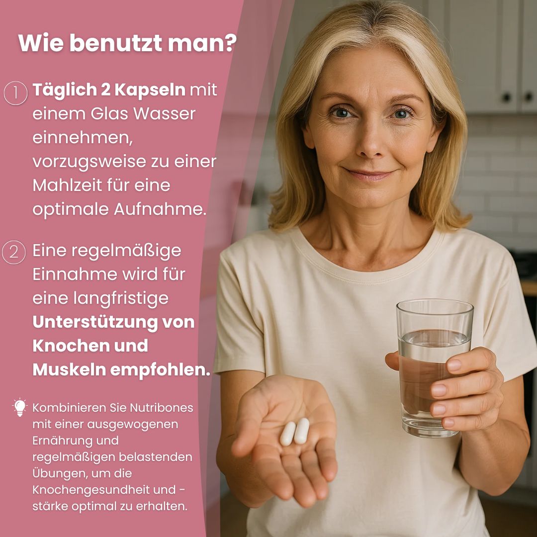 Frau hält Glas Wasser und Kapseln. Text: Wie benutzt man? Täglich 2 Kapseln mit Wasser.